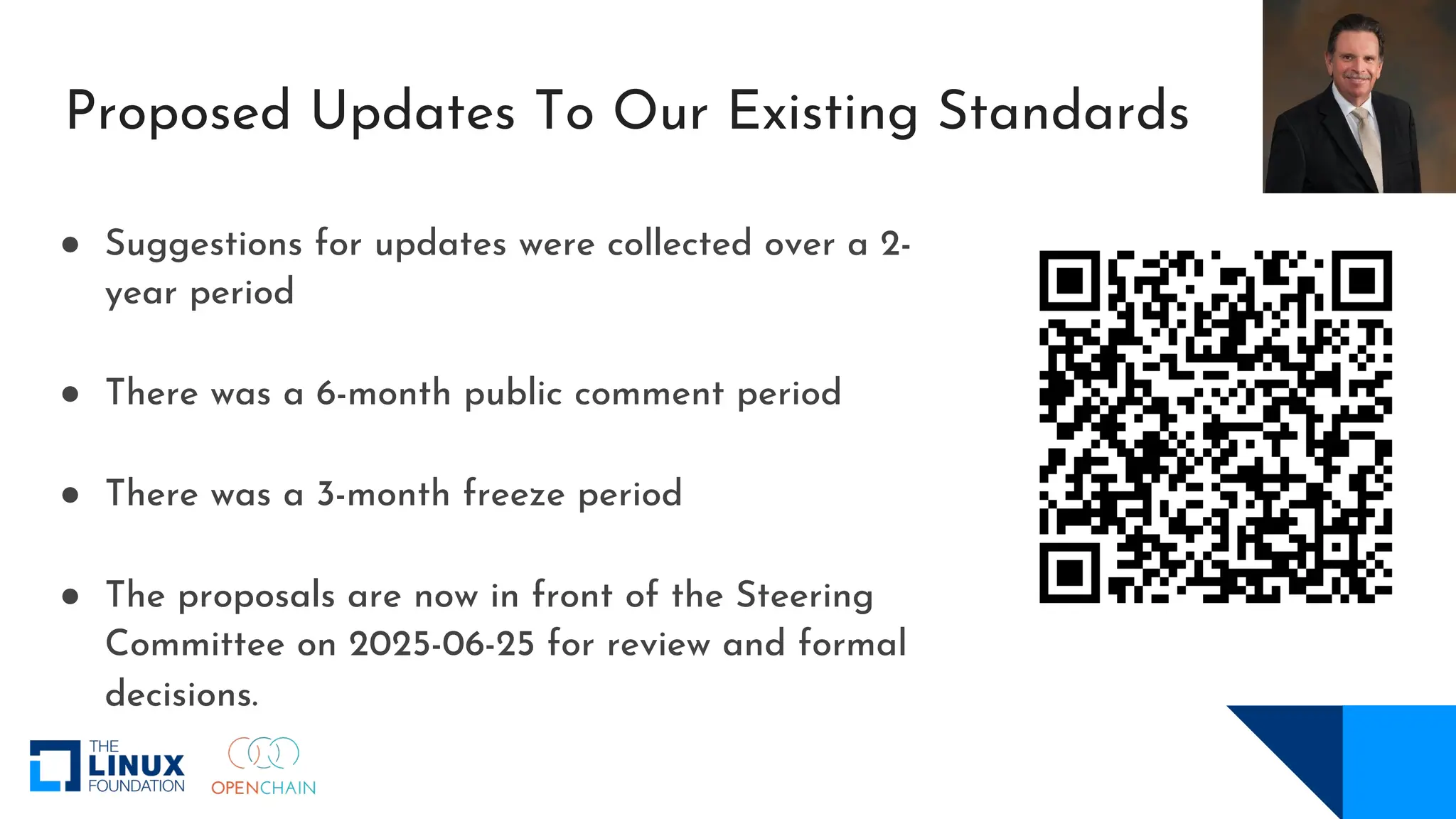 Proposed Updates To Our Existing Standards
● Suggestions for updates were collected over a 2-
year period
● There was a 6-month public comment period
● There was a 3-month freeze period
● The proposals are now in front of the Steering
Committee on 2025-06-25 for review and formal
decisions.
 