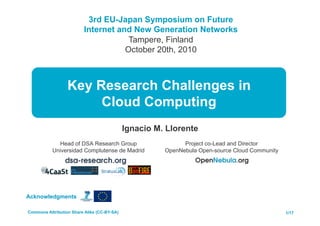 3rd EU-Japan Symposium on Future
Internet and New Generation Networks
Tampere, Finland
October 20th, 2010
Ignacio M. Llorente
1/17
Acknowledgments
Commons Attribution Share Alike (CC-BY-SA)
Key Research Challenges in
Cloud Computing
Head of DSA Research Group
Universidad Complutense de Madrid
Project co-Lead and Director
OpenNebula Open-source Cloud Community
 