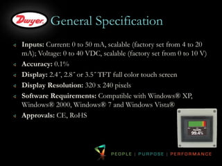 General Specification 
Inputs: Current: 0 to 50 mA, scalable (factory set from 4 to 20 
mA); Voltage: 0 to 40 VDC, scalable (factory set from 0 to 10 V) 
Accuracy: 0.1% 
Display: 2.4˝, 2.8˝ or 3.5˝ TFT full color touch screen 
Display Resolution: 320 x 240 pixels 
Software Requirements: Compatible with Windows® XP, 
Windows® 2000, Windows® 7 and Windows Vista® 
Approvals: CE, RoHS 
 