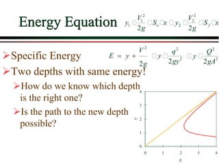 Energy Equation
Specific Energy
Two depths with same energy!
How do we know which depth
is the right one?
Is the path to the new depth
possible?
2 2
1 2
1 2
2 2o f
V V
y S x y S x
g g
2
2
2
q
y
gyg
V
yE
2
2

2
2
2
Q
y
gA
0
1
2
3
4
0 1 2 3 4
E
y
 