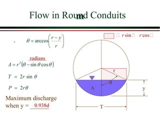 m
.
Flow in Round Conduits





 

r
yr
arccos
  cossin2
 rA
sin2rT 

y
T
A
r
rP 2
radians
Maximum discharge
when y = ______0.938d
sin cosr r
 