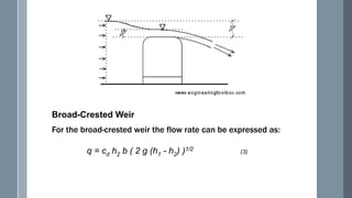 Broad-Crested Weir
For the broad-crested weir the flow rate can be expressed as:
q = cd h2 b ( 2 g (h1 - h2) )1/2 (3)
 