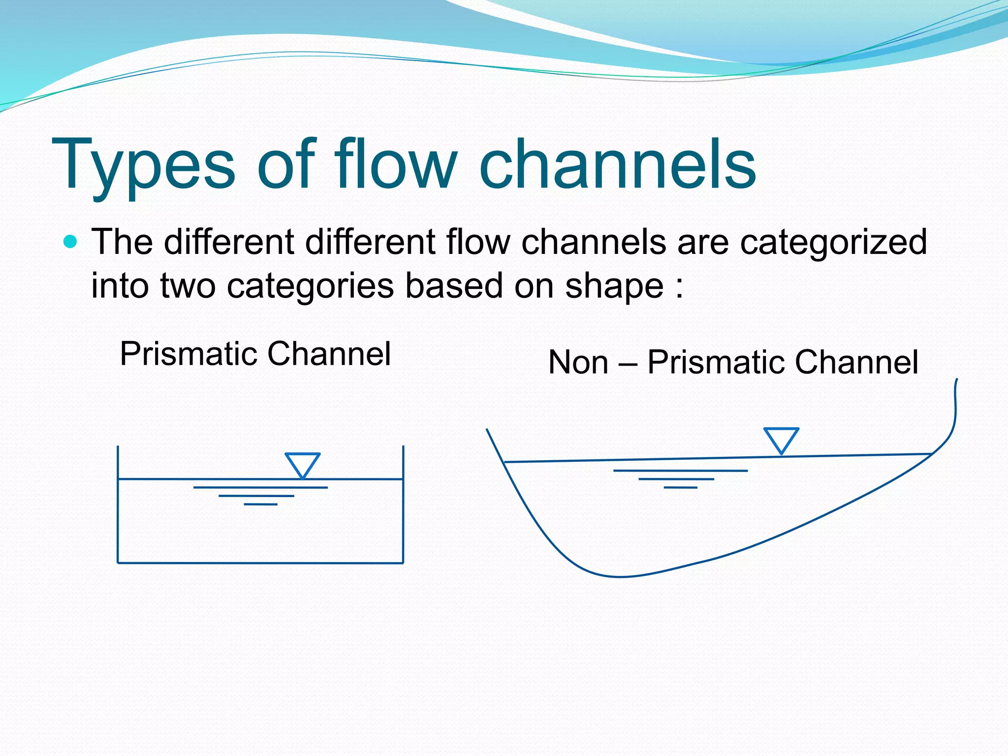 Types of flow channels
 The different different flow channels are categorized
into two categories based on shape :
Non – Prismatic ChannelPrismatic Channel
 