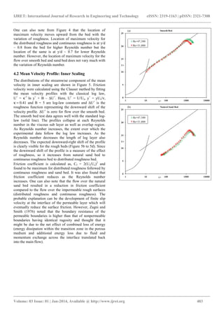 IJRET: International Journal of Research in Engineering and Technology eISSN: 2319-1163 | pISSN: 2321-7308
_______________________________________________________________________________________
Volume: 03 Issue: 01 | Jan-2014, Available @ http://www.ijret.org 403
One can also note from Figure 4 that the location of
maximum velocity moves upward from the bed with the
variation of roughness. Location of maximum velocity for
the distributed roughness and continuous roughness is at y/d
~ 0.8 from the bed for higher Reynolds number but the
location of the same is at y/d ~ 0.7 for lower Reynolds
number. However, the location of maximum velocity for the
flow over smooth bed and sand bed does not vary much with
the variation of Reynolds number.
4.2 Mean Velocity Profile: Inner Scaling
The distributions of the streamwise component of the mean
velocity in inner scaling are shown in Figure 5. Friction
velocity were calculated using the Clauser method by fitting
the mean velocity profiles with the classical log law,
U+
= κ-1
ln y+
+ B – ∆U+
. Here, U+
= U/Uτ, y+
= yUτ/ν,
κ = 0.41 and B = 5 are log-law constants and ∆U+
is the
roughness function representing the downward shift of the
velocity profile. ∆U+
is zero for flow over the smooth bed.
The smooth bed test data agrees well with the standard log-
law (solid line). The profiles collapse at each Reynolds
number in the viscous sub layer as well as overlap region.
As Reynolds number increases, the extent over which the
experimental data follow the log law increases. As the
Reynolds number decreases the length of log layer also
decreases. The expected downward-right shift of the profile
is clearly visible for the rough beds (Figure 5b to 5d). Since
the downward shift of the profile is a measure of the effect
of roughness, so it increases from natural sand bed to
continuous roughness bed to distributed roughness bed.
Friction coefficient is calculated as, Cf = 2(Uτ/Ue)2
and
found to be maximum for distributed roughness followed by
continuous roughness and sand bed. It was also found that
friction coefficient reduces as the Reynolds number
increases. One can also note that the flow over the natural
sand bed resulted in a reduction in friction coefficient
compared to the flow over the impermeable rough surfaces
(distributed roughness and continuous roughness). The
probable explanation can be the development of finite slip
velocity at the interface of the permeable layer which will
eventually reduce the surface friction. However, Zagni and
Smith (1976) noted that the boundary resistance of the
permeable boundaries is higher than that of nonpermeable
boundaries having identical rugosity and thought that it
might be due to the net effect of combined loss of energy
(energy dissipation within the transition zone in the porous
medium and additional energy loss due to fluid and
momentum exchange across the interface translated back
into the main flow).
0
5
10
15
20
25
1 10 100 1000 10000
U+
y+
Smooth Bed
Re=47,500
Re=31,000
(a)
0
5
10
15
20
25
1 10 100 1000 10000
U+
y+
Natural Sand Bed
Re=47,500
Re=31,000
(b)
 