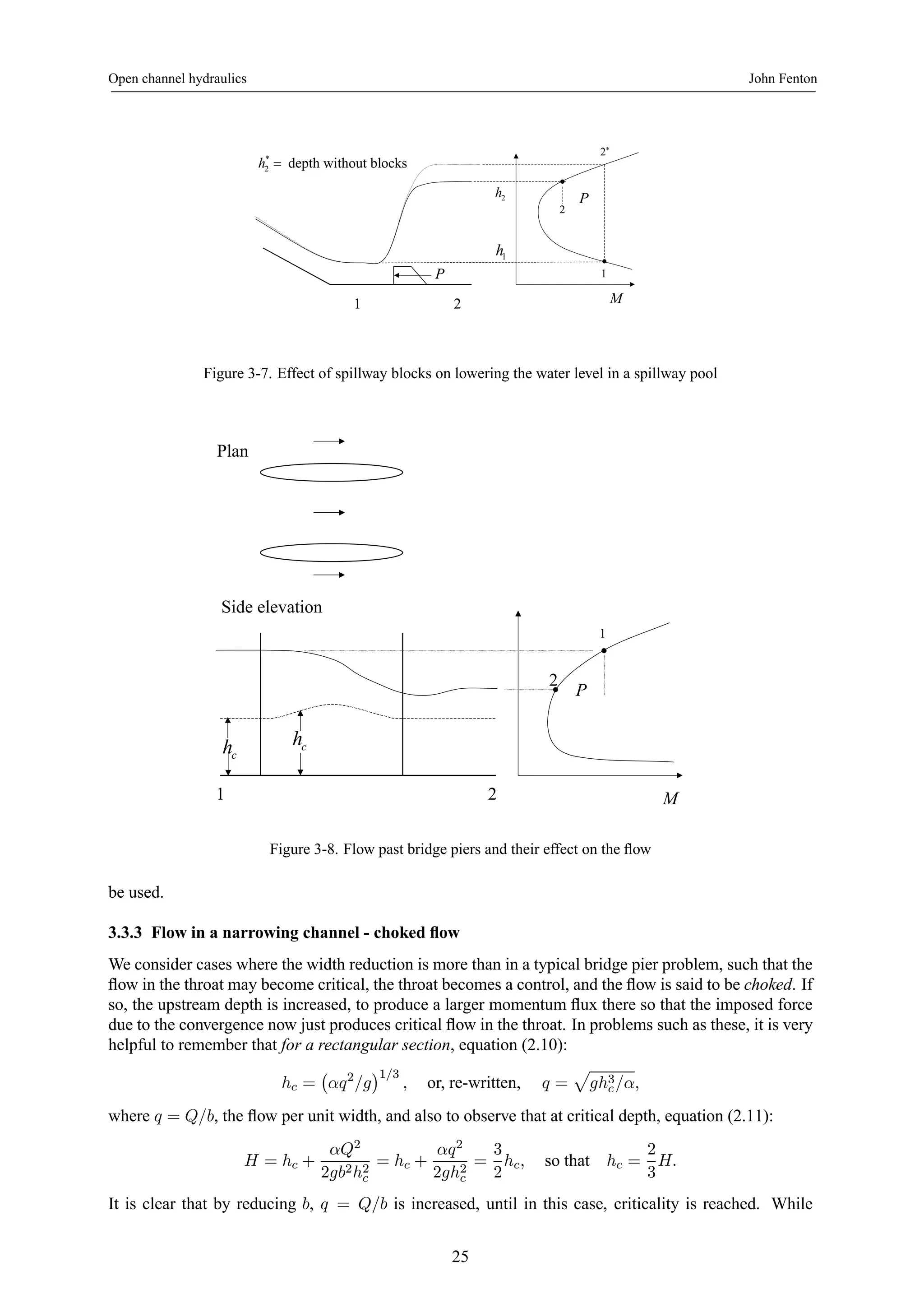 Open channel hydraulics John Fenton 
P 
2 P h 
2* 
1 
2 
* 
2 h = depth without blocks 
1 h 
1 2 M 
Figure 3-7. Effect of spillway blocks on lowering the water level in a spillway pool 
Plan 
Side elevation 
c h 
1 
2 P 
c h 
1 2 M 
Figure 3-8. Flow past bridge piers and their effect on the flow 
be used. 
3.3.3 Flow in a narrowing channel - choked flow 
We consider cases where the width reduction is more than in a typical bridge pier problem, such that the 
flow in the throat may become critical, the throat becomes a control, and the flow is said to be choked. If 
so, the upstream depth is increased, to produce a larger momentum flux there so that the imposed force 
due to the convergence now just produces critical flow in the throat. In problems such as these, it is very 
helpful to remember that for a rectangular section, equation (2.10): 
hc = 
¡ 
αq2/g 
¢1/3 
, or, re-written, q = 
p 
gh3c 
/α, 
where q = Q/b, the flow per unit width, and also to observe that at critical depth, equation (2.11): 
H = hc + 
αQ2 
2gb2h2c 
= hc + 
αq2 
2gh2c 
= 
3 
2 
hc, so that hc = 
2 
3 
H. 
It is clear that by reducing b, q = Q/b is increased, until in this case, criticality is reached. While 
25 
 
