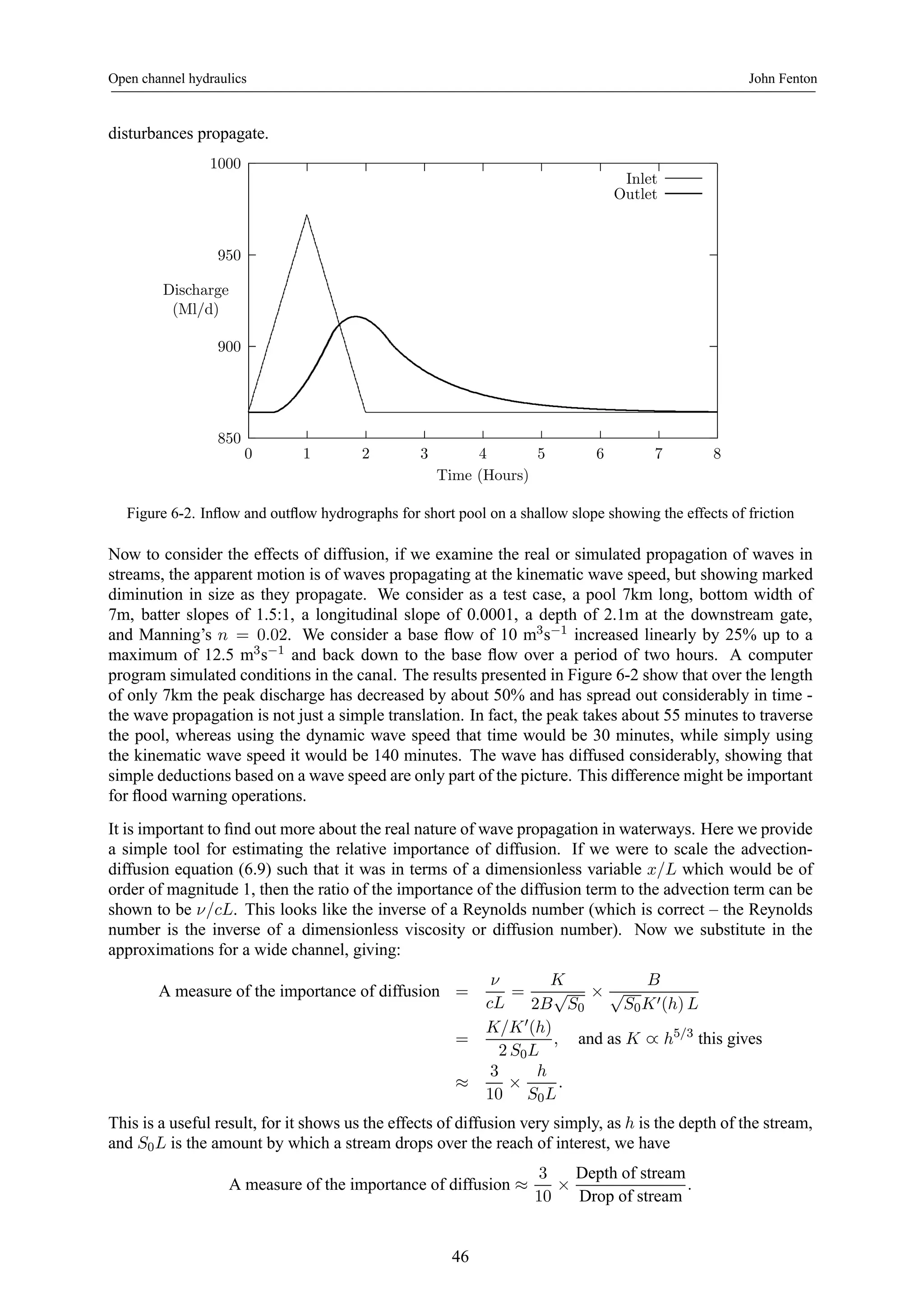 Open channel hydraulics John Fenton 
disturbances propagate. 
1000 
950 
900 
850 
0 1 2 3 4 5 6 7 8 
Discharge 
(Ml/d) 
Time (Hours) 
Inlet 
Outlet 
Figure 6-2. Inflow and outflow hydrographs for short pool on a shallow slope showing the effects of friction 
Now to consider the effects of diffusion, if we examine the real or simulated propagation of waves in 
streams, the apparent motion is of waves propagating at the kinematic wave speed, but showing marked 
diminution in size as they propagate. We consider as a test case, a pool 7km long, bottom width of 
7m, batter slopes of 1.5:1, a longitudinal slope of 0.0001, a depth of 2.1m at the downstream gate, 
and Manning’s n = 0.02. We consider a base flow of 10 m3s−1 increased linearly by 25% up to a 
maximum of 12.5 m3s−1 and back down to the base flow over a period of two hours. A computer 
program simulated conditions in the canal. The results presented in Figure 6-2 show that over the length 
of only 7km the peak discharge has decreased by about 50% and has spread out considerably in time - 
the wave propagation is not just a simple translation. In fact, the peak takes about 55 minutes to traverse 
the pool, whereas using the dynamic wave speed that time would be 30 minutes, while simply using 
the kinematic wave speed it would be 140 minutes. The wave has diffused considerably, showing that 
simple deductions based on a wave speed are only part of the picture. This difference might be important 
for flood warning operations. 
It is important to find out more about the real nature of wave propagation in waterways. Here we provide 
a simple tool for estimating the relative importance of diffusion. If we were to scale the advection-diffusion 
equation (6.9) such that it was in terms of a dimensionless variable x/L which would be of 
order of magnitude 1, then the ratio of the importance of the diffusion term to the advection term can be 
shown to be ν/cL. This looks like the inverse of a Reynolds number (which is correct – the Reynolds 
number is the inverse of a dimensionless viscosity or diffusion number). Now we substitute in the 
approximations for a wide channel, giving: 
A measure of the importance of diffusion = 
ν 
cL 
= 
K 
2B√S0 × 
B 
√S0K0(h) L 
= 
K/K0(h) 
2 S0L 
, and as K ∝ h5/3 this gives 
≈ 
3 
10 × 
h 
S0L 
. 
This is a useful result, for it shows us the effects of diffusion very simply, as h is the depth of the stream, 
and S0L is the amount by which a stream drops over the reach of interest, we have 
A measure of the importance of diffusion ≈ 
3 
10 × 
Depth of stream 
Drop of stream . 
46 
 