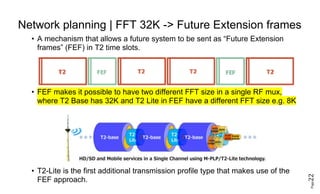 Page22
Network planning | FFT 32K -> Future Extension frames
• A mechanism that allows a future system to be sent as “Future Extension
frames” (FEF) in T2 time slots.
• FEF makes it possible to have two different FFT size in a single RF mux,
where T2 Base has 32K and T2 Lite in FEF have a different FFT size e.g. 8K
• T2-Lite is the first additional transmission profile type that makes use of the
FEF approach.
 