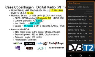 Page92
Case Copenhagen | Digital Radio (VHF)
• MUXCPH-3 | VHF 9D (208,064 MHz) | 1.7 MHz BW
• DVB-T2 v1.3.1 T2 Lite
• Mode A | 8K ext | GI 1/16 | PP4 | LDCP 16K (short)
› PLP0: QPSK rotated | Code rate 1/3 | LDPC 16K
› C/N P1 (portable) = 2,2 dB
› Net bitrate = 840 kbps
› Space ~ 11 radios à 64+ 8 kbps HE AACv2 / PES
• Antenna site BOA:
› TDC radio tower in the center of Copenhagen
› Transmit power: 520 W ERP; Dipol antenna
› Antenna Height: 100 meter
› Polarization: Verticals
 