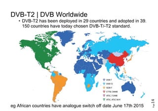 Page14
DVB-T2 | DVB Worldwide
• DVB-T2 has been deployed in 29 countries and adopted in 39.
150 countries have today chosen DVB-T/-T2 standard.
eg African countries have analogue switch off date June 17th 2015
 
