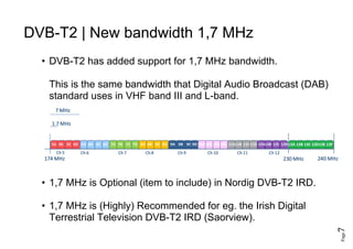 Page7
DVB-T2 | New bandwidth 1,7 MHz
• DVB-T2 has added support for 1,7 MHz bandwidth.
This is the same bandwidth that Digital Audio Broadcast (DAB)
standard uses in VHF band III and L-band.
• 1,7 MHz is Optional (item to include) in Nordig DVB-T2 IRD.
• 1,7 MHz is (Highly) Recommended for eg. the Irish Digital
Terrestrial Television DVB-T2 IRD (Saorview).
 