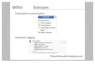 Subtypes
Subscription customization
Automatic logging
ThibaultDelavallée(tde@odoo.com)
 