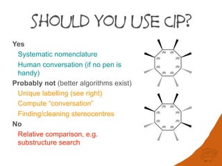 should you use CIP?
Yes
Systematic nomenclature
Human conversation (if no pen is
handy)
Probably not (better algorithms exist)
Unique labelling (see right)
Compute “conversation”
Finding/cleaning stereocentres
No
Relative comparison, e.g.
substructure search
(S)
(S)
(R) (S)
(R)
(R)
(S)(R)
(S)
(S)
(R) (S)
(R)
(R)
(S)(R)
 