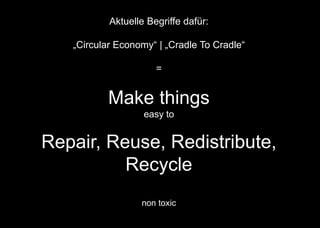Aktuelle Begriffe dafür:
„Circular Economy“ | „Cradle To Cradle“
=
Make things
easy to
Repair, Reuse, Redistribute,
Recycle
non toxic
 