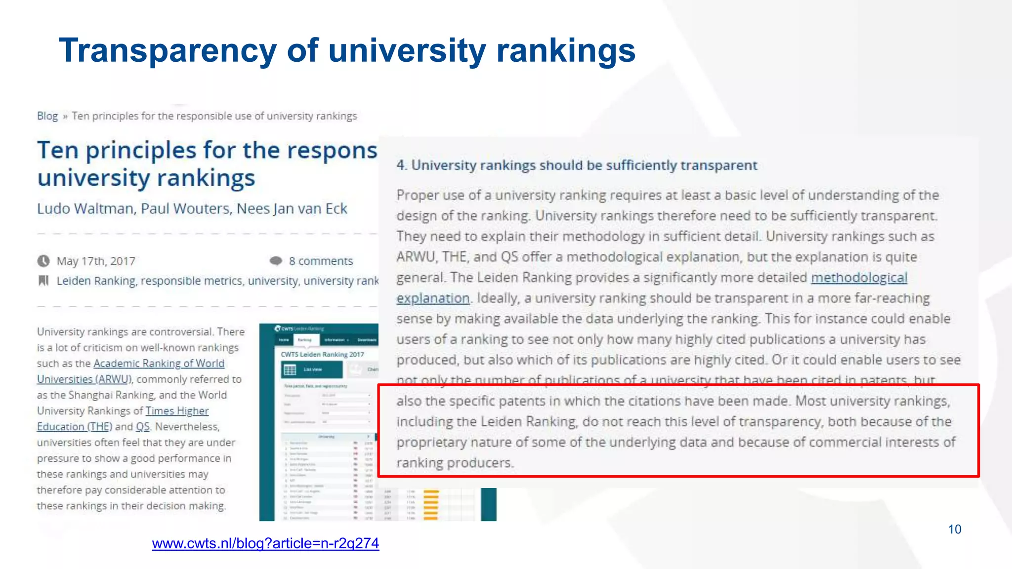 Transparency of university rankings
10
www.cwts.nl/blog?article=n-r2q274
 