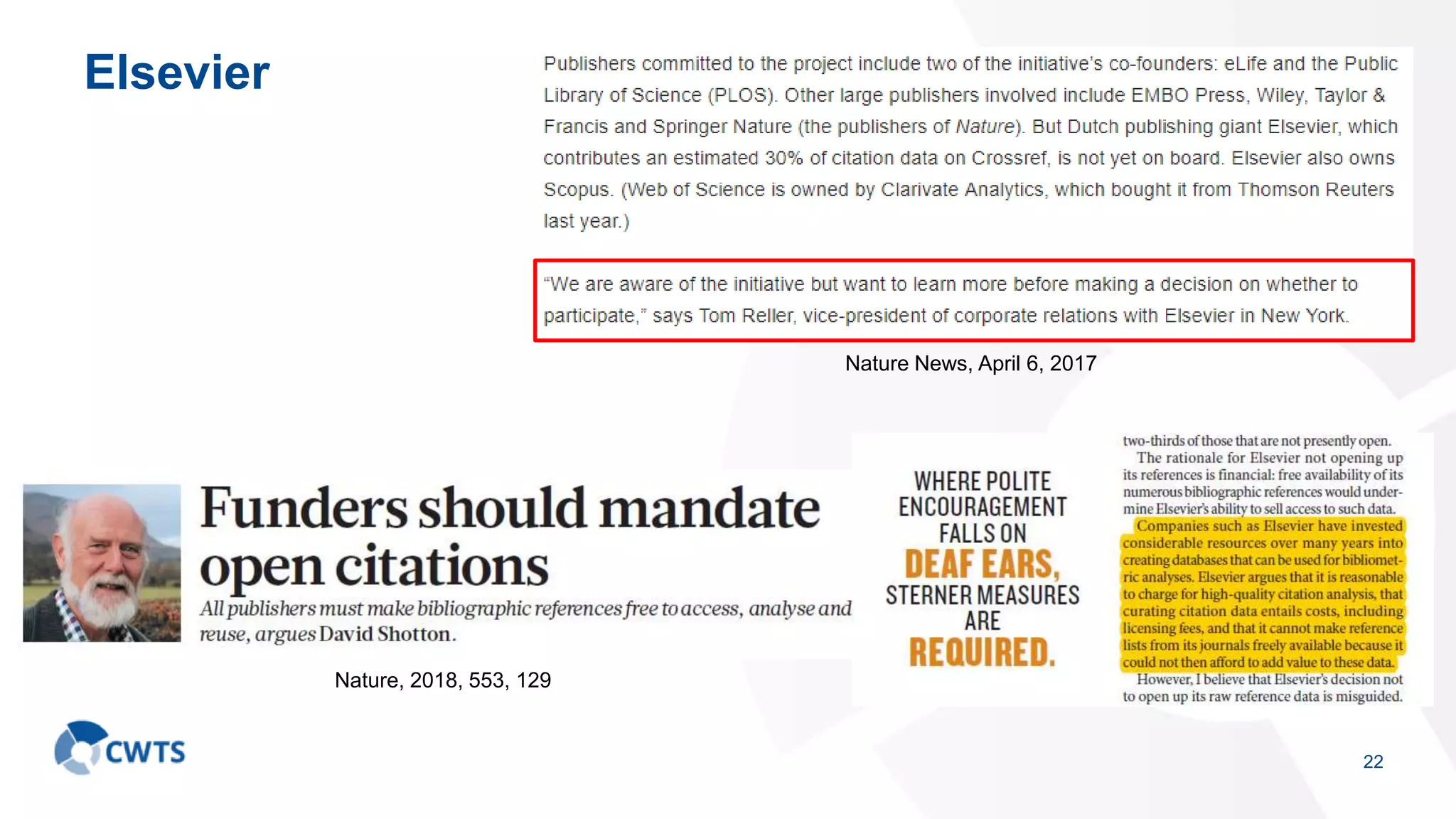 Elsevier
22
Nature News, April 6, 2017
Nature, 2018, 553, 129
 