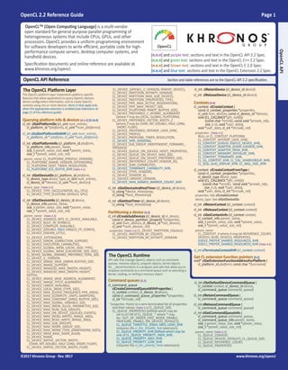 OpenCL 2.2 Reference Guide Page 1
©2017 Khronos Group - Rev. 0817 www.khronos.org/opencl
OpenCLAPI
The OpenCL Runtime
API calls that manage OpenCL objects such as command-
queues, memory objects, program objects, kernel objects
for __kernel functions in a program and calls that allow you to
enqueue commands to a command-queue such as executing a
kernel, reading, or writing a memory object.
Command queues [5.1]
cl_command_queue
clCreateCommandQueueWithProperties (
cl_context context, cl_device_id device,
const cl_command_queue_properties *properties,
cl_int *errcode_ret)
*properties: Points to a zero-terminated list of properties
and their values: [Table 5.1] CL_QUEUE_SIZE,
CL_QUEUE_PROPERTIES (bitfield which may be
set to an OR of CL_QUEUE_* where * may
be: OUT_OF_ORDER_EXEC_MODE_ENABLE,
PROFILING_ENABLE, ON_DEVICE[_DEFAULT]),
CL_QUEUE_THROTTLE_{HIGH, MED, LOW}_KHR
(requires the cl_khr_throttle_hint extension),
CL_QUEUE_PRIORITY_KHR (bitfield which may be
one of CL_QUEUE_PRIORITY_HIGH_KHR,
CL_QUEUE_PRIORITY_MED_KHR,
CL_QUEUE_PRIORITY_LOW_KHR
(requires the cl_khr_priority_hints extension))
cl_int clSetDefaultDeviceCommandQueue (
cl_context context, cl_device_id device,
cl_command_queue command_queue)
cl_int clRetainCommandQueue (
cl_command_queue command_queue)
cl_int clReleaseCommandQueue (
cl_command_queue command_queue)
cl_int clGetCommandQueueInfo (
cl_command_queue command_queue,
cl_command_queue_info param_name,
size_t param_value_size, void *param_value,
size_t *param_value_size_ret)
param_name: [Table 5.2]
CL_QUEUE_CONTEXT,
CL_QUEUE_DEVICE[_DEFAULT], CL_QUEUE_SIZE,
CL_QUEUE_REFERENCE_COUNT,
CL_QUEUE_PROPERTIES
OpenCL API Reference Section and table references are to the OpenCL API 2.2 specification.
OpenCLTM (Open Computing Language) is a multi-vendor
open standard for general-purpose parallel programming of
heterogeneous systems that include CPUs, GPUs, and other
processors. OpenCL provides a uniform programming environment
for software developers to write efficient, portable code for high-
performance compute servers, desktop computer systems, and
handheld devices.
Specification documents and online reference are available at
www.khronos.org/opencl.
[n.n.n] and purple text: sections and text in the OpenCL API 2.2 Spec.
[n.n.n] and green text: sections and text in the OpenCL C++ 2.2 Spec.
[n.n.n] and brown text: sections and text in the OpenCL C 2.0 Spec.
[n.n.n] and blue text: sections and text in the OpenCL Extension 2.2 Spec.
The OpenCL Platform Layer
The OpenCL platform layer implements platform-specific
features that allow applications to query OpenCL devices,
device configuration information, and to create OpenCL
contexts using one or more devices. Items in blue apply only
when the appropriate extension is enabled (see Extensions on
page 21 of this reference guide).
Querying platform info & devices [4.1-2] [9.16.9]
cl_int clGetPlatformIDs (cl_uint num_entries,
cl_platform_id *platforms, cl_uint *num_platforms)
cl_int clIcdGetPlatformIDsKHR (cl_uint num_entries,
cl_platform_id * platfoms, cl_uint *num_platforms)
cl_int clGetPlatformInfo (cl_platform_id platform,
cl_platform_info param_name,
size_t param_value_size, void *param_value,
size_t *param_value_size_ret)
param_name: CL_PLATFORM_{PROFILE, VERSION},
CL_PLATFORM_{NAME, VENDOR, EXTENSIONS},
CL_PLATFORM_HOST_TIMER_RESOLUTION,
CL_PLATFORM_ICD_SUFFIX_KHR [Table 4.1]
cl_int clGetDeviceIDs (cl_platform_id platform,
cl_device_type device_type, cl_uint num_entries,
cl_device_id *devices, cl_uint *num_devices)
device_type: [Table 4.2]
CL_DEVICE_TYPE_{ACCELERATOR, ALL, CPU},
CL_DEVICE_TYPE_{CUSTOM, DEFAULT, GPU}
cl_int clGetDeviceInfo (cl_device_id device,
cl_device_info param_name,
size_t param_value_size, void *param_value,
size_t *param_value_size_ret)
param_name: [Table 4.3]
CL_DEVICE_ADDRESS_BITS, CL_DEVICE_AVAILABLE,
CL_DEVICE_BUILT_IN_KERNELS,
CL_DEVICE_COMPILER_AVAILABLE,
CL_DEVICE_{DOUBLE, HALF, SINGLE}_FP_CONFIG,
CL_DEVICE_ENDIAN_LITTLE,
CL_DEVICE_EXTENSIONS,
CL_DEVICE_ERROR_CORRECTION_SUPPORT,
CL_DEVICE_EXECUTION_CAPABILITIES,
CL_DEVICE_GLOBAL_MEM_CACHE_{SIZE, TYPE},
CL_DEVICE_GLOBAL_MEM_{CACHELINE_SIZE, SIZE},
CL_DEVICE_GLOBAL_VARIABLE_PREFERRED_TOTAL_SIZE,
CL_DEVICE_IL_VERSION,
CL_DEVICE_IMAGE_MAX_{ARRAY, BUFFER}_SIZE,
CL_DEVICE_IMAGE_SUPPORT,
CL_DEVICE_IMAGE2D_MAX_{WIDTH, HEIGHT},
CL_DEVICE_IMAGE3D_MAX_{WIDTH, HEIGHT,
DEPTH},
CL_DEVICE_IMAGE_BASE_ADDRESS_ALIGNMENT,
CL_DEVICE_IMAGE_PITCH_ALIGNMENT,
CL_DEVICE_LINKER_AVAILABLE,
CL_DEVICE_LOCAL_MEM_{TYPE, SIZE},
CL_DEVICE_MAX_{CLOCK_FREQUENCY, PIPE_ARGS},
CL_DEVICE_MAX_{COMPUTE_UNITS, SAMPLERS},
CL_DEVICE_MAX_CONSTANT_{ARGS, BUFFER_SIZE},
CL_DEVICE_MAX_GLOBAL_VARIABLE_SIZE,
CL_DEVICE_MAX_{MEM_ALLOC, PARAMETER}_SIZE,
CL_DEVICE_MAX_NUM_SUB_GROUPS,
CL_DEVICE_MAX_ON_DEVICE_{QUEUES, EVENTS},
CL_DEVICE_MAX_{READ, WRITE}_IMAGE_ARGS,
CL_DEVICE_MAX_READ_WRITE_IMAGE_ARGS,
CL_DEVICE_MAX_SUB_GROUPS,
CL_DEVICE_MAX_WORK_GROUP_SIZE,
CL_DEVICE_MAX_WORK_ITEM_{DIMENSIONS, SIZES},
CL_DEVICE_MEM_BASE_ADDR_ALIGN,
CL_DEVICE_NAME,
CL_DEVICE_NATIVE_VECTOR_WIDTH_-
{CHAR, INT, DOUBLE, HALF, LONG, SHORT, FLOAT),
CL_DEVICE_NATIVE_VECTOR_WIDTH_FLOAT,
CL_DEVICE_{OPENCL_C_VERSION, PARENT_DEVICE},
CL_DEVICE_PARTITION_AFFINITY_DOMAIN,
CL_DEVICE_PARTITION_MAX_SUB_DEVICES,
CL_DEVICE_PARTITION_{PROPERTIES, TYPE},
CL_DEVICE_PIPE_MAX_ACTIVE_RESERVATIONS,
CL_DEVICE_PIPE_MAX_PACKET_SIZE,
CL_DEVICE_{PLATFORM, PRINTF_BUFFER_SIZE},
CL_DEVICE_PREFERRED_Y_ATOMIC_ALIGNMENT
(where Y may be LOCAL, GLOBAL, PLATFORM),
CL_DEVICE_PREFERRED_VECTOR_WIDTH_Z
(where Z may be CHAR, INT, DOUBLE, HALF, LONG,
SHORT, FLOAT),
CL_DEVICE_PREFERRED_INTEROP_USER_SYNC,
CL_DEVICE_PROFILE,
CL_DEVICE_PROFILING_TIMER_RESOLUTION,
CL_DEVICE_SPIR_VERSIONS,
CL_DEVICE_SUB_GROUP_INDEPENDENT_FORWARD_-
PROGRESS
CL_DEVICE_QUEUE_ON_{DEVICE, HOST}_PROPERTIES,
CL_DEVICE_QUEUE_ON_DEVICE_MAX_SIZE,
CL_DEVICE_QUEUE_ON_DEVICE_PREFERRED_SIZE,
CL_DEVICE_{REFERENCE_COUNT, VENDOR_ID},
CL_DEVICE_SVM_CAPABILITIES,
CL_DEVICE_TERMINATE_CAPABILITY_KHR,
CL_DEVICE_{TYPE, VENDOR},
CL_DEVICE_VENDOR_ID,
CL_{DEVICE, DRIVER}_VERSION,
CL_DEVICE_MAX_NAMED_BARRIER_COUNT_KHR
cl_int clGetDeviceAndHostTimer (cl_device_id device,
cl_ulong *device_timestamp,
cl_ulong *host_timestamp)
cl_int clGetHostTimer (cl_device_id device,
cl_ulong *host_timestamp)
Partitioning a device [4.3]
cl_int clCreateSubDevices (cl_device_id in_device,
const cl_device_partition_property *properties,
cl_uint num_devices, cl_device_id *out_devices,
cl_uint *num_devices_ret)
properties: [Table 4.4] CL_DEVICE_PARTITION_EQUALLY,
CL_DEVICE_PARTITION_BY_COUNTS,
CL_DEVICE_PARTITION_BY_AFFINITY_DOMAIN
cl_int clRetainDevice (cl_device_id device)
cl_int clReleaseDevice (cl_device_id device)
Contexts[4.4]
cl_context clCreateContext (
const cl_context_properties *properties,
cl_uint num_devices, const cl_device_id *devices,
void (CL_CALLBACK*pfn_notify)
(const char *errinfo, const void *private_info,
size_t cb, void *user_data),
void *user_data, cl_int *errcode_ret)
properties: [Table 4.5]
NULL or CL_CONTEXT_PLATFORM,
CL_CONTEXT_INTEROP_USER_SYNC,
CL_CONTEXT_{D3D10, D3D11}_DEVICE_KHR,
CL_CONTEXT_ADAPTER_{D3D9, D3D9EX}_KHR,
CL_CONTEXT_ADAPTER_DXVA_KHR,
CL_CONTEXT_MEMORY_INITIALIZE_KHR,
CL_CONTEXT_TERMINATE_KHR,
CL_GL_CONTEXT_KHR, CL_CGL_SHAREGROUP_KHR,
CL_{EGL, GLX}_DISPLAY_KHR, CL_WGL_HDC_KHR
cl_context clCreateContextFromType (
const cl_context_properties *properties,
cl_device_type device_type,
void (CL_CALLBACK *pfn_notify)
(const char *errinfo, const void *private_info,
size_t cb, void *user_data),
void *user_data, cl_int *errcode_ret)
properties: See clCreateContext
device_type: See clGetDeviceIDs
cl_int clRetainContext (cl_context context)
cl_int clReleaseContext (cl_context context)
cl_int clGetContextInfo (cl_context context,
cl_context_info param_name,
size_t param_value_size, void *param_value,
size_t *param_value_size_ret)
param_name:
CL_CONTEXT_X where X may be REFERENCE_COUNT,
DEVICES, NUM_DEVICES, PROPERTIES,
D3D10_PREFER_SHARED_RESOURCES_KHR,
D3D11_PREFER_SHARED_RESOURCES_KHR [Table 4.6]
cl_int clTerminateContextKHR (cl_context context)
Get CL extension function pointers [9.2]
void* clGetExtensionFunctionAddressForPlatform (
cl_platform_id platform, const char *funcname)
 