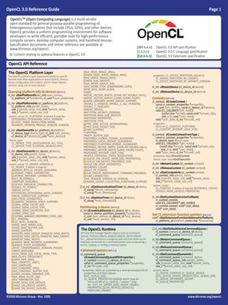 OpenCL 3.0 Reference Guide Page 1
©2020 Khronos Group - Rev. 1020 www.khronos.org/opencl
OpenCL API
The OpenCL Runtime
API calls that manage OpenCL objects such as command-
queues, memory objects, program objects, kernel objects
for __kernel functions in a program and calls that allow you to
enqueue commands to a command-queue such as executing a
kernel, reading, or writing a memory object.
Command queues [API 5.1]
cl_command_queue
clCreateCommandQueueWithProperties (
cl_context context, cl_device_id device,
const cl_command_queue_properties *properties,
cl_int *errcode_ret)
*properties: NULL or a pointer to a zero-terminated list of
properties and their values:
l CL_QUEUE_SIZE,
CL_QUEUE_PROPERTIES (bitfield which may be
set to an OR of CL_QUEUE_* where * may
be: OUT_OF_ORDER_EXEC_MODE_ENABLE,
PROPERTIES, l ON_DEVICE[_DEFAULT]),
PROFILING_ENABLE
l cl_int clSetDefaultDeviceCommandQueue (
cl_context context, cl_device_id device,
cl_command_queue command_queue)
cl_int clRetainCommandQueue (
cl_command_queue command_queue)
cl_int clReleaseCommandQueue (
cl_command_queue command_queue)
cl_int clGetCommandQueueInfo (
cl_command_queue command_queue,
cl_command_queue_info param_name,
size_t param_value_size, void *param_value,
size_t *param_value_size_ret)
param_name:
CL_QUEUE_CONTEXT, CL_QUEUE_DEVICE,
l CL_QUEUE_DEVICE_DEFAULT, l CL_QUEUE_SIZE,
CL_QUEUE_REFERENCE_COUNT,
CL_QUEUE_PROPERTIES
OpenCL API Reference
OpenCLTM (Open Computing Language) is a multi-vendor
open standard for general-purpose parallel programming of
heterogeneous systems that include CPUs, GPUs, and other devices.
OpenCL provides a uniform programming environment for software
developers to write efficient, portable code for high-performance
compute servers, desktop computer systems, and handheld devices.
Specification documents and online reference are available at
www.khronos.org/opencl.
l: Content relating to optional features in OpenCL 3.0
[API n.n.n]	 OpenCL 3.0 API specification
[C n.n.n]	 OpenCL 3.0 C Language specification
[Ext n.n.n]	 OpenCL 3.0 Extension specification
The OpenCL Platform Layer
The OpenCL platform layer implements platform-specific
features that allow applications to query OpenCL devices,
device configuration information, and to create OpenCL
contexts using one or more devices.
Querying platform info & devices [API 4.1]
cl_int clGetPlatformIDs (cl_uint num_entries,
cl_platform_id *platforms, cl_uint *num_platforms)
cl_int clGetPlatformInfo (cl_platform_id platform,
cl_platform_info param_name,
size_t param_value_size, void *param_value,
size_t *param_value_size_ret)
param_name: CL_PLATFORM_X where X may be:
EXTENSIONS, EXTENSIONS_WITH_VERSION,
l HOST_TIMER_RESOLUTION, NAME,
NUMERIC_VERSION, PROFILE, VENDOR, VERSION
cl_int clGetDeviceIDs (cl_platform_id platform,
cl_device_type device_type, cl_uint num_entries,
cl_device_id *devices, cl_uint *num_devices)
device_type:
CL_DEVICE_TYPE_{ACCELERATOR, ALL, CPU},
CL_DEVICE_TYPE_{CUSTOM, DEFAULT, GPU}
cl_int clGetDeviceInfo (cl_device_id device,
cl_device_info param_name,
size_t param_value_size, void *param_value,
size_t *param_value_size_ret)
param_name: CL_DRIVER_VERSION or
CL_DEVICE_X where X may be:
ADDRESS_BITS, CL_DEVICE_AVAILABLE,
l ATOMIC_FENCE_CAPABILITIES,
l ATOMIC_MEMORY_CAPABILITIES,
BUILT_IN_KERNELS,
COMPILER_AVAILABLE,
l DEVICE_ENQUEUE_CAPABILITIES,
DOUBLE_FP_CONFIG,
ENDIAN_LITTLE,
EXTENSIONS, EXTENSIONS_WITH_VERSION,
ERROR_CORRECTION_SUPPORT,
EXECUTION_CAPABILITIES,
l GENERIC_ADDRESS_SPACE_SUPPORT,
GLOBAL_MEM_CACHE_SIZE,
GLOBAL_MEM_CACHE_TYPE,
GLOBAL_MEM_CACHELINE_SIZE,
GLOBAL_MEM_SIZE,
l GLOBAL_VARIABLE_PREFERRED_TOTAL_SIZE,
l IL_VERSION,
l ILS_WITH_VERSION,
IMAGE_MAX_ARRAY_SIZE,
IMAGE_MAX_BUFFER_SIZE,
IMAGE_SUPPORT,
IMAGE2D_MAX_HEIGHT, IMAGE2D_MAX_WIDTH,
IMAGE3D_MAX_DEPTH, IMAGE3D_MAX_HEIGHT,
IMAGE3D_MAX_WIDTH,
l IMAGE_BASE_ADDRESS_ALIGNMENT,
l IMAGE_PITCH_ALIGNMENT,
LATEST_CONFORMANCE_VERSION_PASSED,
LINKER_AVAILABLE,
LOCAL_MEM_SIZE, LOCAL_MEM_TYPE,
MAX_CLOCK_FREQUENCY,
l MAX_PIPE_ARGS,
MAX_COMPUTE_UNITS,
MAX_SAMPLERS,
MAX_CONSTANT_ARGS,
MAX_CONSTANT_BUFFER_SIZE,
l MAX_GLOBAL_VARIABLE_SIZE,
MAX_MEM_ALLOC_SIZE,
MAX_PARAMETER_SIZE,
l MAX_NUM_SUB_GROUPS,
l MAX_ON_DEVICE_EVENTS,
l MAX_ON_DEVICE_QUEUES,
MAX_READ_IMAGE_ARGS,
l MAX_READ_WRITE_IMAGE_ARGS,
MAX_WRITE_IMAGE_ARGS,
l MAX_SUB_GROUPS,
MAX_WORK_GROUP_SIZE,
MAX_WORK_ITEM_{DIMENSIONS, SIZES},
MEM_BASE_ADDR_ALIGN,
NAME,
NATIVE_VECTOR_WIDTH_{CHAR, INT, DOUBLE, HALF},
NATIVE_VECTOR_WIDTH_{LONG, SHORT, FLOAT},
l NON_UNIFORM_WORK_GROUP_SUPPORT,
OPENCL_C_VERSION, OPENCL_C_ALL_VERSIONS,
OPENCL_C_FEATURES,
PARENT_DEVICE,
PARTITION_AFFINITY_DOMAIN,
PARTITION_MAX_SUB_DEVICES,
PARTITION_PROPERTIES,
PARTITION_TYPE,
l PIPE_MAX_ACTIVE_RESERVATIONS,
l PIPE_MAX_PACKET_SIZE,
l PIPE_SUPPORT,
PLATFORM,
PRINTF_BUFFER_SIZE,
PREFERRED_GLOBAL_ATOMIC_ALIGNMENT,
PREFERRED_LOCAL_ATOMIC_ALIGNMENT,
PREFERRED_PLATFORM_ATOMIC_ALIGNMENT,
PREFERRED_VECTOR_WIDTH_{CHAR,INT,DOUBLE,HALF},
PREFERRED_VECTOR_WIDTH_{LONG, SHORT, FLOAT},
PREFERRED_INTEROP_USER_SYNC,
PROFILE, PROFILING_TIMER_RESOLUTION,
l QUEUE_ON_DEVICE_{MAX_SIZE, PROPERTIES},
l QUEUE_ON_DEVICE_PREFERRED_SIZE,
QUEUE_ON_HOST_PROPERTIES,
REFERENCE_COUNT,
SINGLE_FP_CONFIG,
l SUB_GROUP_INDEPENDENT_FORWARD_PROGRESS,
l SVM_CAPABILITIES,
TYPE, VENDOR, VENDOR_ID, VERSION,
l WORK_GROUP_COLLECTIVE_FUNCTIONS_SUPPORT
l cl_int clGetDeviceAndHostTimer (cl_device_id device,
cl_ulong *device_timestamp,
cl_ulong *host_timestamp)
l cl_int clGetHostTimer (cl_device_id device,
cl_ulong *host_timestamp)
Partitioning a device [API 4.3]
cl_int clCreateSubDevices (cl_device_id in_device,
const cl_device_partition_property *properties,
cl_uint num_devices, cl_device_id *out_devices,
cl_uint *num_devices_ret)
properties: CL_DEVICE_PARTITION_EQUALLY,
CL_DEVICE_PARTITION_BY_COUNTS,
CL_DEVICE_PARTITION_BY_AFFINITY_DOMAIN
cl_int clRetainDevice (cl_device_id device)
cl_int clReleaseDevice (cl_device_id device)
Contexts[API 4.4]
cl_context clCreateContext (
const cl_context_properties *properties,
cl_uint num_devices, const cl_device_id *devices,
void (CL_CALLBACK*pfn_notify)
(const char *errinfo, const void *private_info,
size_t cb, void *user_data),
void *user_data, cl_int *errcode_ret)
properties:
NULL or CL_CONTEXT_PLATFORM,
CL_CONTEXT_INTEROP_USER_SYNC
cl_context clCreateContextFromType (
const cl_context_properties *properties,
cl_device_type device_type,
void (CL_CALLBACK *pfn_notify)
(const char *errinfo, const void *private_info,
size_t cb, void *user_data),
void *user_data, cl_int *errcode_ret)
properties: See clCreateContext
device_type: See clGetDeviceIDs
cl_int clRetainContext (cl_context context)
cl_int clReleaseContext (cl_context context)
cl_int clGetContextInfo (cl_context context,
cl_context_info param_name,
size_t param_value_size, void *param_value,
size_t *param_value_size_ret)
param_name:
CL_CONTEXT_X where X may be REFERENCE_COUNT,
DEVICES, NUM_DEVICES, PROPERTIES
cl_int clSetContextDestructorCallback(
cl_context context,
void (CL_CALLBACK* pfn_notify)(
cl_context context, void* user_data),
void* user_data)
Get CL extension function pointers [Ext 1.3]
void* clGetExtensionFunctionAddressForPlatform(
cl_platform_id platform, const char *funcname)
 