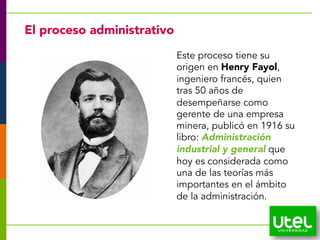 15
El proceso administrativo
Este proceso tiene su
origen en Henry Fayol,
ingeniero francés, quien
tras 50 años de
desempeñarse como
gerente de una empresa
minera, publicó en 1916 su
libro: Administración
industrial y general que
hoy es considerada como
una de las teorías más
importantes en el ámbito
de la administración.
 
