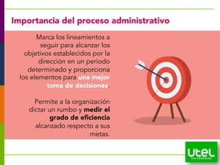 16
Importancia del proceso administrativo
Marca los lineamientos a
seguir para alcanzar los
objetivos establecidos por la
dirección en un periodo
determinado y proporciona
los elementos para una mejor
toma de decisiones.
Permite a la organización
dictar un rumbo y medir el
grado de eficiencia
alcanzado respecto a sus
metas.
 