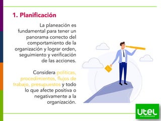 19
1. Planificación
La planeación es
fundamental para tener un
panorama correcto del
comportamiento de la
organización y lograr orden,
seguimiento y verificación
de las acciones.
Considera políticas,
procedimientos, flujos de
trabajo, presupuestos y todo
lo que afecte positiva o
negativamente a la
organización.
 
