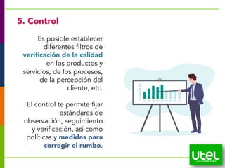 27
5. Control
Es posible establecer
diferentes filtros de
verificación de la calidad
en los productos y
servicios, de los procesos,
de la percepción del
cliente, etc.
El control te permite fijar
estándares de
observación, seguimiento
y verificación, así como
políticas y medidas para
corregir el rumbo.
 