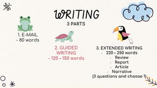 3. EXTENDED WRITING
- 220 – 250 words
- Review
- Report
- Article
- Narrative
(3 questions and choose 1)
1. E-MAIL
- 80 wo...