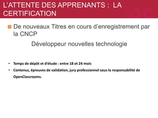 De nouveaux Titres en cours d’enregistrement par
la CNCP
L’ATTENTE DES APPRENANTS : LA
CERTIFICATION
Développeur nouvelles technologie
• Temps de dépôt et d’étude : entre 18 et 24 mois
• Contenus, épreuves de validation, jury professionnel sous la responsabilité de
OpenClassrooms.
 