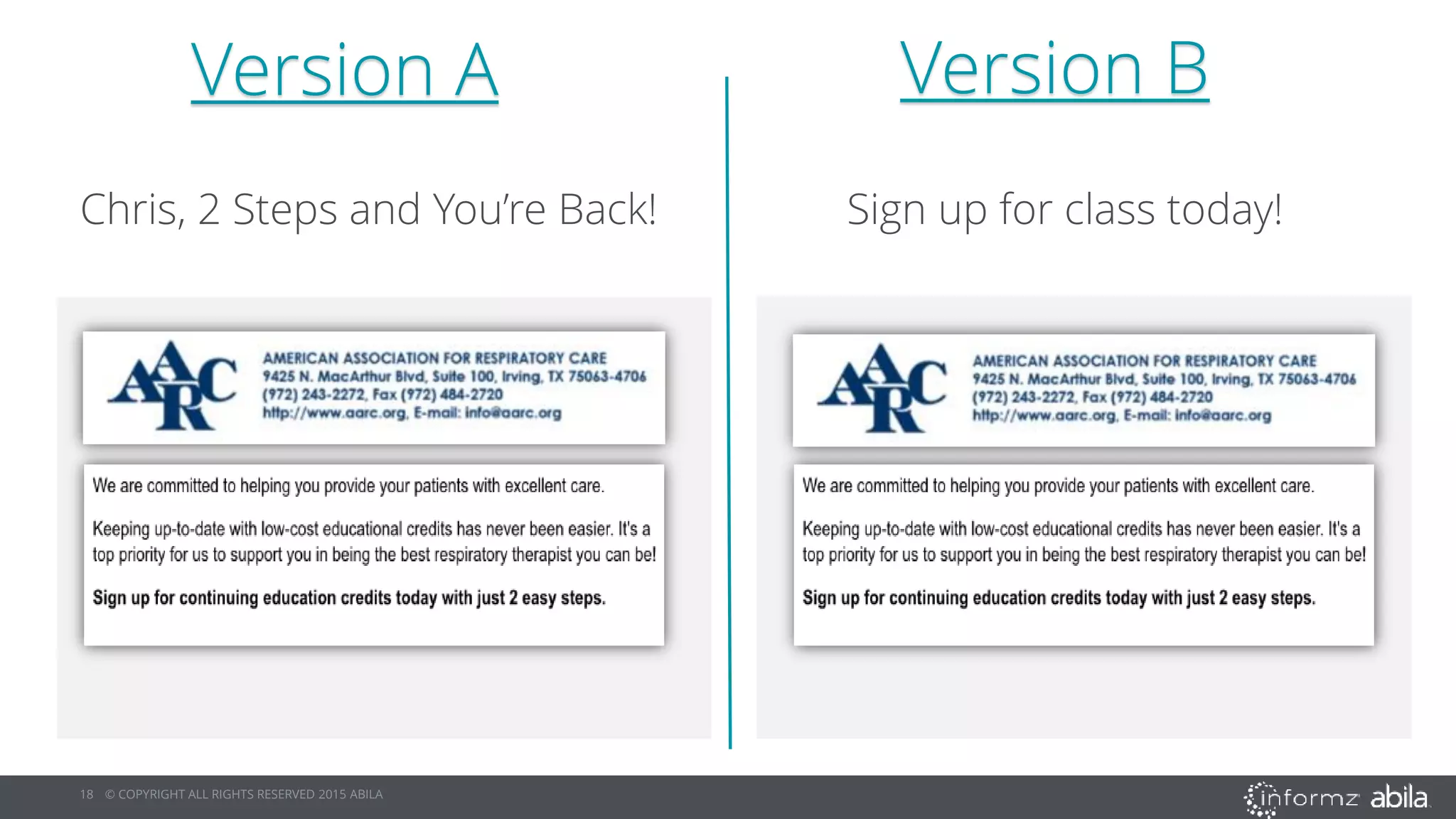 18 © COPYRIGHT ALL RIGHTS RESERVED 2015 ABILA
Version A Version B
Chris, 2 Steps and You’re Back! Sign up for class today!
 