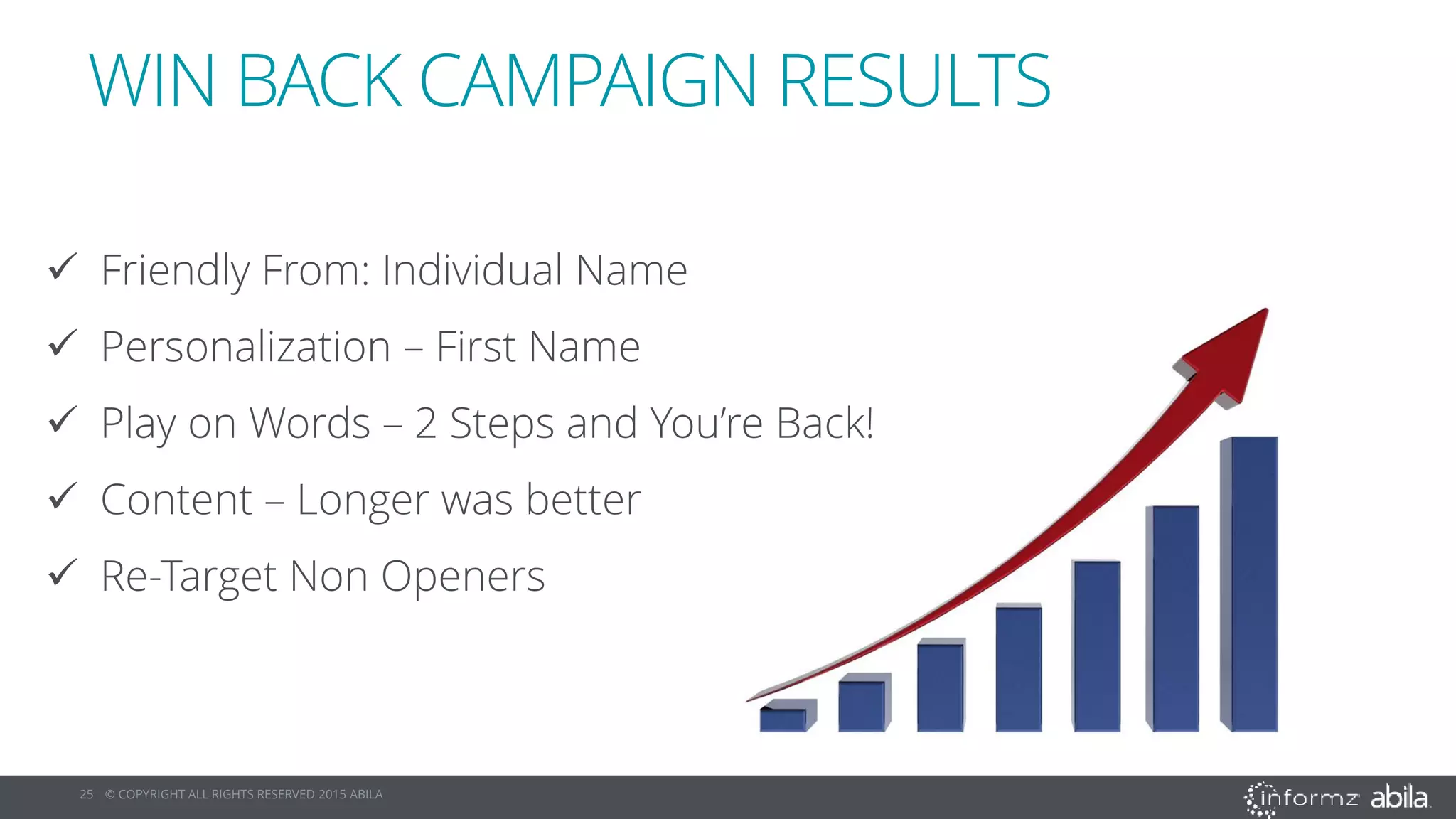 25 © COPYRIGHT ALL RIGHTS RESERVED 2015 ABILA
 Friendly From: Individual Name
 Personalization – First Name
 Play on Words – 2 Steps and You’re Back!
 Content – Longer was better
 Re-Target Non Openers
WIN BACK CAMPAIGN RESULTS
 