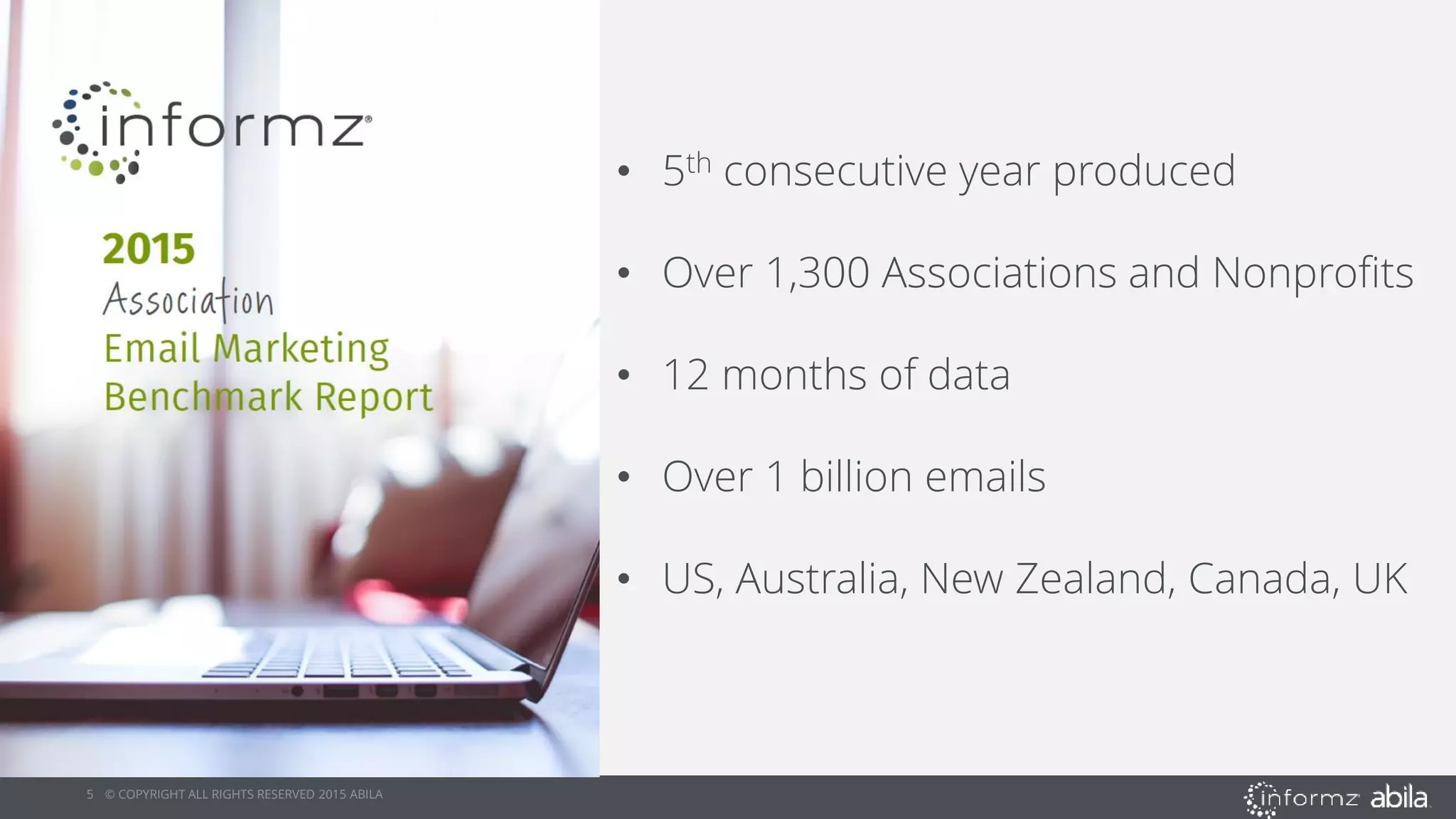 5 © COPYRIGHT ALL RIGHTS RESERVED 2015 ABILA
• 5th consecutive year produced
• Over 1,300 Associations and Nonprofits
• 12 months of data
• Over 1 billion emails
• US, Australia, New Zealand, Canada, UK
 