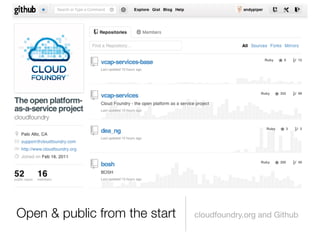 Open & public from the start   cloudfoundry.org and Github
 