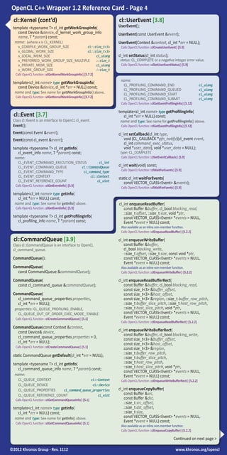 OpenCL C++ Wrapper 1.2 Reference Card - Page 4 
 
 
cl::Kernel (cont’d) 
template <typename T> cl_int getWorkGroupInfo( ...