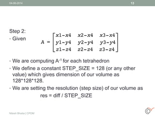 Step 2:
• Given
• We are computing A-1 for each tetrahedron
• We define a constant STEP_SIZE = 128 (or any other
value) which gives dimension of our volume as
128*128*128.
• We are setting the resolution (step size) of our volume as
res = diff / STEP_SIZE
04-06-2014
Nitesh Bhatia | CPDM
13
 