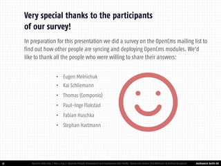 mediaworx berlin AG 
mediaworx berlin 37 
Very special thanks to the participants of our survey! 
OpenCms Days 2014 | Nov 4 2014 | OpenCms Module Development and Deployment with IntelliJ, Maven and Jenkins | Kai Widmann & Andreas Karajannis 
•Eugen Melnichuk 
•Kai Schliemann 
•Thomas (Componio) 
•Paul-Inge Flakstad 
•Fabian Huschka 
•Stephan Hartmann 
In preparation for this presentation we did a survey on the OpenCms mailing list to find out how other people are syncing and deploying OpenCms modules. We‘d like to thank all the people who were willing to share their answers:  