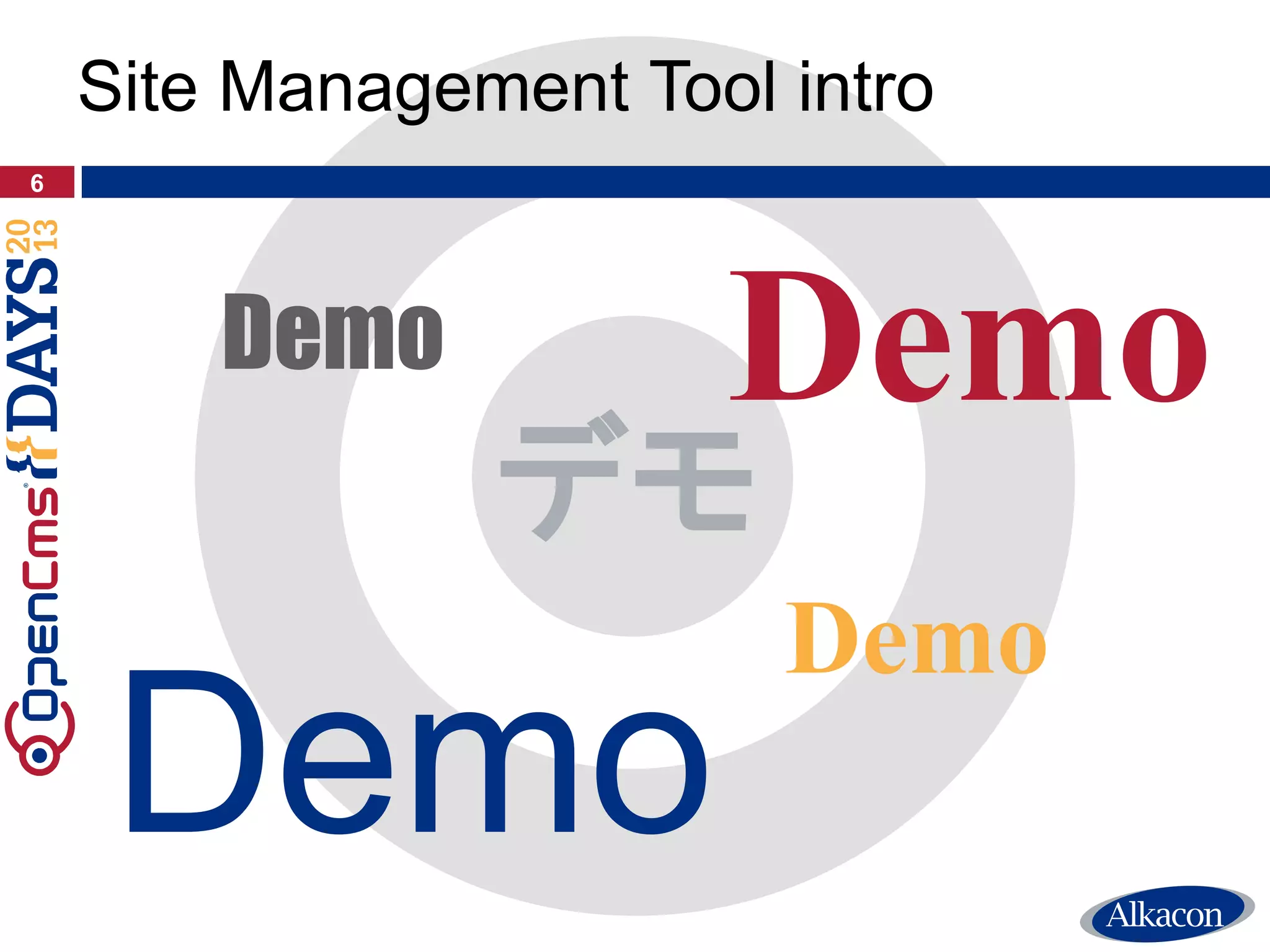 6
Site Management Tool intro
Demo
Demo Demo
Demo
デモ
 