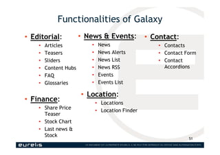 Functionalities of Galaxy
• Editorial:
• Articles
• Teasers
• Sliders
• Content Hubs
• FAQ
• Glossaries
51
• News & Events...