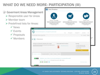 WHAT DO WE NEED MORE: PARTICIPATION (III)
 Goverment Areas Management
 Responsible user for áreas
 Member team
 Predefined lists for Areas:
 News
 Events
 Proposals
 Members
© S A G A S O L U C I O N E S T É C N O L O G I C A S . L O V I N G O P E N C M S
S I N C E 2 0 0 6
26
 
