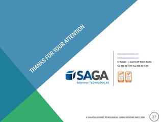 37
www.sagasoluciones.com
info@sagasoluciones.com
C/ Salado 11, local 15 CP 41010 Sevilla
Tel. 954 45 72 75 Fax 954 45 75 72
© SAGA SOLUCIONES TÉCNOLOGICAS. LOVING OPENCMS SINCE 2006
 