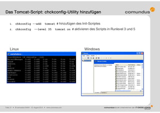 Folie: 21 • © comundus GmbH 15. August 2014 • www.comundus.com
1. chkconfig --add tomcat # hinzufügen des Init-Scriptes
2. chkconfig --level 35 tomcat on # aktivieren des Scripts in Runlevel 3 und 5
Linux Windows
Das Tomcat-Script: chckconfig-Utility hinzufügen
 