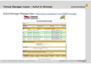 Folie: 30 • © comundus GmbH 15. August 2014 • www.comundus.com
Aufruf Manager-Webapp über: http://www.workplace1.com:8080/manager.
Tomcat Manager nutzen – Aufruf im Browser
 
