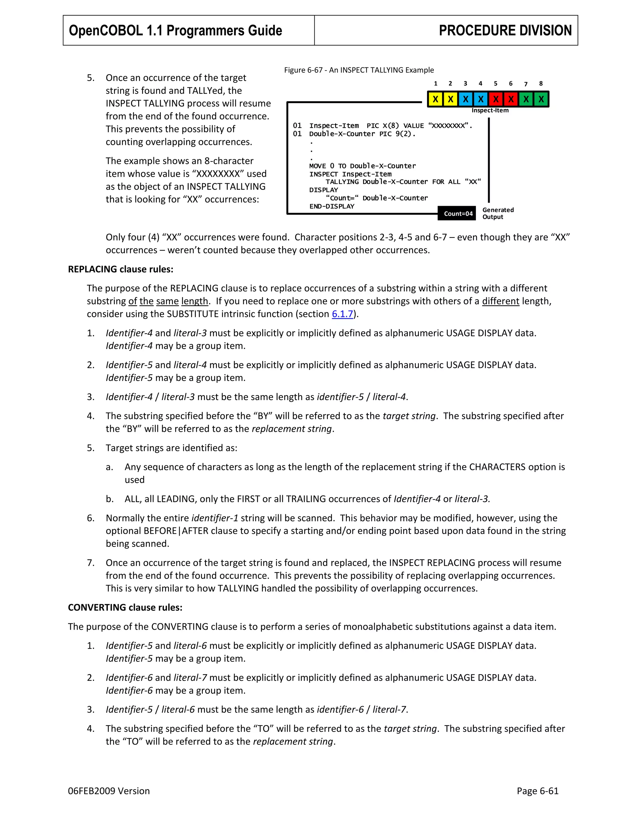 OpenCOBOL 1.1 Programmers Guide
5.

Once an occurrence of the target
string is found and TALLYed, the
INSPECT TALLYING process will resume
from the end of the found occurrence.
This prevents the possibility of
counting overlapping occurrences.
The example shows an 8-character
item whose value is “XXXXXXXX” used
as the object of an INSPECT TALLYING
that is looking for “XX” occurrences:

PROCEDURE DIVISION
Figure 6-67 - An INSPECT TALLYING Example
1

2

3

4

5

6

7

8

X X X X X X X X
Inspect-Item
01
01

Inspect-Item PIC X(8) VALUE “XXXXXXXX”.
Double-X-Counter PIC 9(2).
.
.
.
MOVE 0 TO Double-X-Counter
INSPECT Inspect-Item
TALLYING Double-X-Counter FOR ALL “XX“
DISPLAY
“Count=“ Double-X-Counter
END-DISPLAY
Generated
Count=04 Output

Only four (4) “XX” occurrences were found. Character positions 2-3, 4-5 and 6-7 – even though they are “XX”
occurrences – weren’t counted because they overlapped other occurrences.
REPLACING clause rules:
The purpose of the REPLACING clause is to replace occurrences of a substring within a string with a different
substring of the same length. If you need to replace one or more substrings with others of a different length,
consider using the SUBSTITUTE intrinsic function (section 6.1.7).
1.

Identifier-4 and literal-3 must be explicitly or implicitly defined as alphanumeric USAGE DISPLAY data.
Identifier-4 may be a group item.

2.

Identifier-5 and literal-4 must be explicitly or implicitly defined as alphanumeric USAGE DISPLAY data.
Identifier-5 may be a group item.

3.

Identifier-4 / literal-3 must be the same length as identifier-5 / literal-4.

4.

The substring specified before the “BY” will be referred to as the target string. The substring specified after
the “BY” will be referred to as the replacement string.

5.

Target strings are identified as:
a.

Any sequence of characters as long as the length of the replacement string if the CHARACTERS option is
used

b.

ALL, all LEADING, only the FIRST or all TRAILING occurrences of Identifier-4 or literal-3.

6.

Normally the entire identifier-1 string will be scanned. This behavior may be modified, however, using the
optional BEFORE|AFTER clause to specify a starting and/or ending point based upon data found in the string
being scanned.

7.

Once an occurrence of the target string is found and replaced, the INSPECT REPLACING process will resume
from the end of the found occurrence. This prevents the possibility of replacing overlapping occurrences.
This is very similar to how TALLYING handled the possibility of overlapping occurrences.

CONVERTING clause rules:
The purpose of the CONVERTING clause is to perform a series of monoalphabetic substitutions against a data item.
1.

Identifier-5 and literal-6 must be explicitly or implicitly defined as alphanumeric USAGE DISPLAY data.
Identifier-5 may be a group item.

2.

Identifier-6 and literal-7 must be explicitly or implicitly defined as alphanumeric USAGE DISPLAY data.
Identifier-6 may be a group item.

3.

Identifier-5 / literal-6 must be the same length as identifier-6 / literal-7.

4.

The substring specified before the “TO” will be referred to as the target string. The substring specified after
the “TO” will be referred to as the replacement string.

06FEB2009 Version

Page 6-61

 