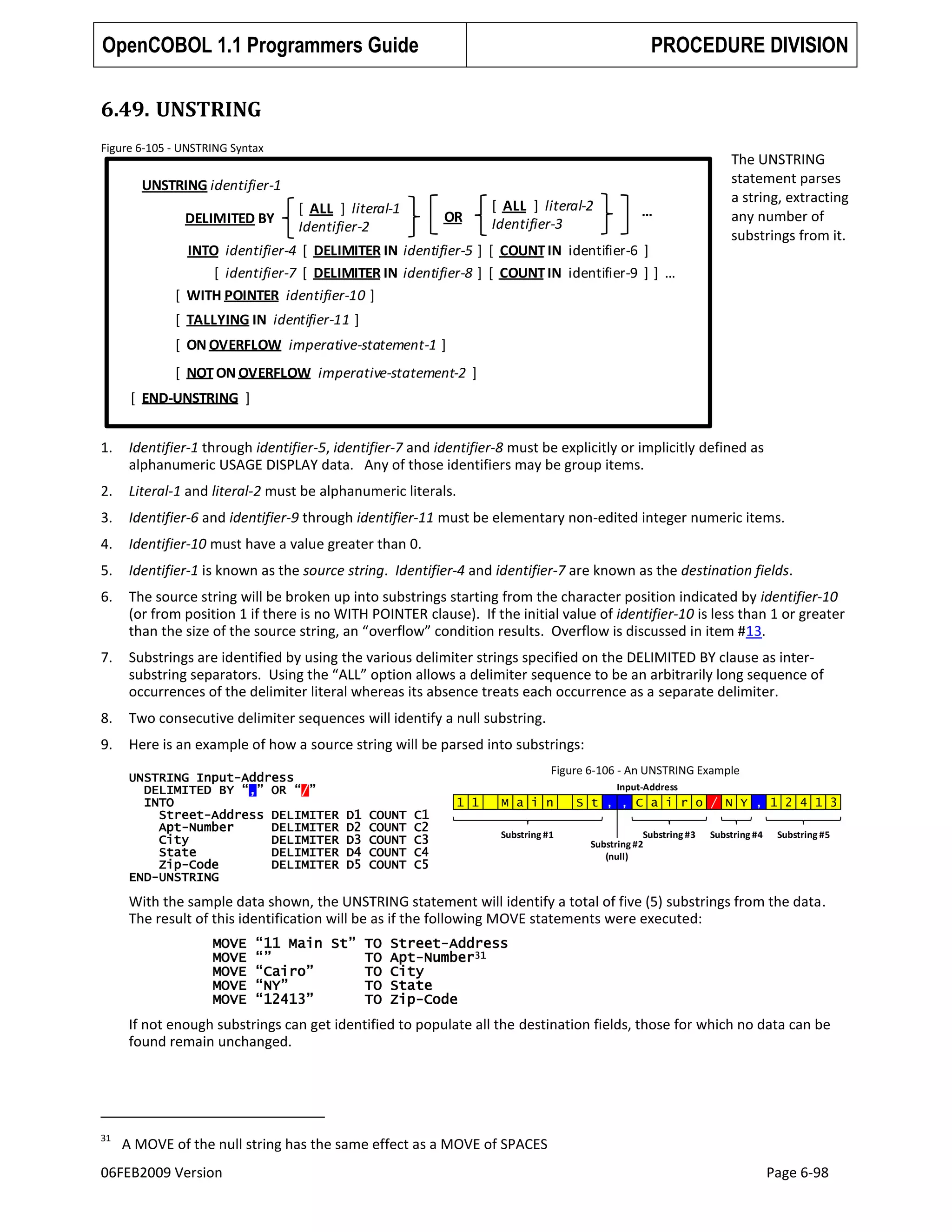 OpenCOBOL 1.1 Programmers Guide

PROCEDURE DIVISION

6.49. UNSTRING
Figure 6-105 - UNSTRING Syntax

UNSTRING identifier-1
DELIMITED BY

[ ALL ] literal-1
Identifier-2

OR

[ ALL ] literal-2
Identifier-3

…

INTO identifier-4 [ DELIMITER IN identifier-5 ] [ COUNT IN identifier-6 ]
[ identifier-7 [ DELIMITER IN identifier-8 ] [ COUNT IN identifier-9 ] ] …
[ WITH POINTER identifier-10 ]

The UNSTRING
statement parses
a string, extracting
any number of
substrings from it.

[ TALLYING IN identifier-11 ]
[ ON OVERFLOW imperative-statement-1 ]
[ NOT ON OVERFLOW imperative-statement-2 ]
[ END-UNSTRING ]

1.

Identifier-1 through identifier-5, identifier-7 and identifier-8 must be explicitly or implicitly defined as
alphanumeric USAGE DISPLAY data. Any of those identifiers may be group items.

2.

Literal-1 and literal-2 must be alphanumeric literals.

3.

Identifier-6 and identifier-9 through identifier-11 must be elementary non-edited integer numeric items.

4.

Identifier-10 must have a value greater than 0.

5.

Identifier-1 is known as the source string. Identifier-4 and identifier-7 are known as the destination fields.

6.

The source string will be broken up into substrings starting from the character position indicated by identifier-10
(or from position 1 if there is no WITH POINTER clause). If the initial value of identifier-10 is less than 1 or greater
than the size of the source string, an “overflow” condition results. Overflow is discussed in item #13.

7.

Substrings are identified by using the various delimiter strings specified on the DELIMITED BY clause as intersubstring separators. Using the “ALL” option allows a delimiter sequence to be an arbitrarily long sequence of
occurrences of the delimiter literal whereas its absence treats each occurrence as a separate delimiter.

8.

Two consecutive delimiter sequences will identify a null substring.

9.

Here is an example of how a source string will be parsed into substrings:
UNSTRING Input-Address
DELIMITED BY “,” OR “/”
INTO
Street-Address DELIMITER
Apt-Number
DELIMITER
City
DELIMITER
State
DELIMITER
Zip-Code
DELIMITER
END-UNSTRING

Figure 6-106 - An UNSTRING Example
Input-Address

1 1

D1
D2
D3
D4
D5

COUNT
COUNT
COUNT
COUNT
COUNT

C1
C2
C3
C4
C5

M a i n
Substring #1

S t , , C a i r o / N Y , 1 2 4 1 3
Substring #3
Substring #2
(null)

Substring #4

Substring #5

With the sample data shown, the UNSTRING statement will identify a total of five (5) substrings from the data.
The result of this identification will be as if the following MOVE statements were executed:
MOVE
MOVE
MOVE
MOVE
MOVE

“11 Main St” TO Street-Address
“”
TO Apt-Number31
“Cairo”
TO City
“NY”
TO State
“12413”
TO Zip-Code

If not enough substrings can get identified to populate all the destination fields, those for which no data can be
found remain unchanged.

31

A MOVE of the null string has the same effect as a MOVE of SPACES

06FEB2009 Version

Page 6-98

 