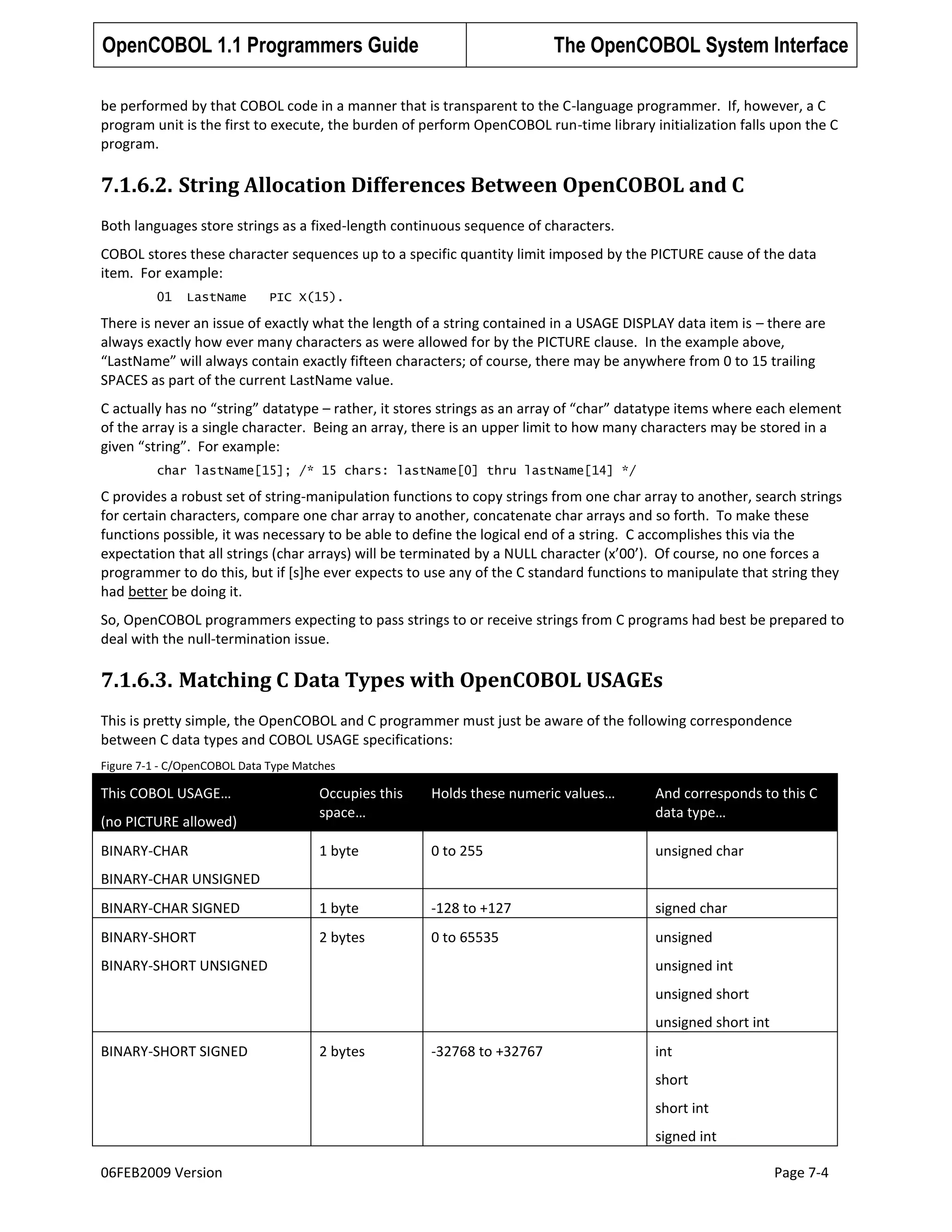 OpenCOBOL 1.1 Programmers Guide

The OpenCOBOL System Interface

be performed by that COBOL code in a manner that is transparent to the C-language programmer. If, however, a C
program unit is the first to execute, the burden of perform OpenCOBOL run-time library initialization falls upon the C
program.

7.1.6.2. String Allocation Differences Between OpenCOBOL and C
Both languages store strings as a fixed-length continuous sequence of characters.
COBOL stores these character sequences up to a specific quantity limit imposed by the PICTURE cause of the data
item. For example:
01

LastName

PIC X(15).

There is never an issue of exactly what the length of a string contained in a USAGE DISPLAY data item is – there are
always exactly how ever many characters as were allowed for by the PICTURE clause. In the example above,
“LastName” will always contain exactly fifteen characters; of course, there may be anywhere from 0 to 15 trailing
SPACES as part of the current LastName value.
C actually has no “string” datatype – rather, it stores strings as an array of “char” datatype items where each element
of the array is a single character. Being an array, there is an upper limit to how many characters may be stored in a
given “string”. For example:
char lastName[15]; /* 15 chars: lastName[0] thru lastName[14] */

C provides a robust set of string-manipulation functions to copy strings from one char array to another, search strings
for certain characters, compare one char array to another, concatenate char arrays and so forth. To make these
functions possible, it was necessary to be able to define the logical end of a string. C accomplishes this via the
expectation that all strings (char arrays) will be terminated by a NULL character (x’00’). Of course, no one forces a
programmer to do this, but if [s]he ever expects to use any of the C standard functions to manipulate that string they
had better be doing it.
So, OpenCOBOL programmers expecting to pass strings to or receive strings from C programs had best be prepared to
deal with the null-termination issue.

7.1.6.3. Matching C Data Types with OpenCOBOL USAGEs
This is pretty simple, the OpenCOBOL and C programmer must just be aware of the following correspondence
between C data types and COBOL USAGE specifications:
Figure 7-1 - C/OpenCOBOL Data Type Matches

This COBOL USAGE…

Occupies this
space…

Holds these numeric values…

And corresponds to this C
data type…

1 byte

0 to 255

unsigned char

BINARY-CHAR SIGNED

1 byte

-128 to +127

signed char

BINARY-SHORT

2 bytes

0 to 65535

unsigned

(no PICTURE allowed)
BINARY-CHAR
BINARY-CHAR UNSIGNED

BINARY-SHORT UNSIGNED

unsigned int
unsigned short
unsigned short int

BINARY-SHORT SIGNED

2 bytes

-32768 to +32767

int
short
short int
signed int

06FEB2009 Version

Page 7-4

 