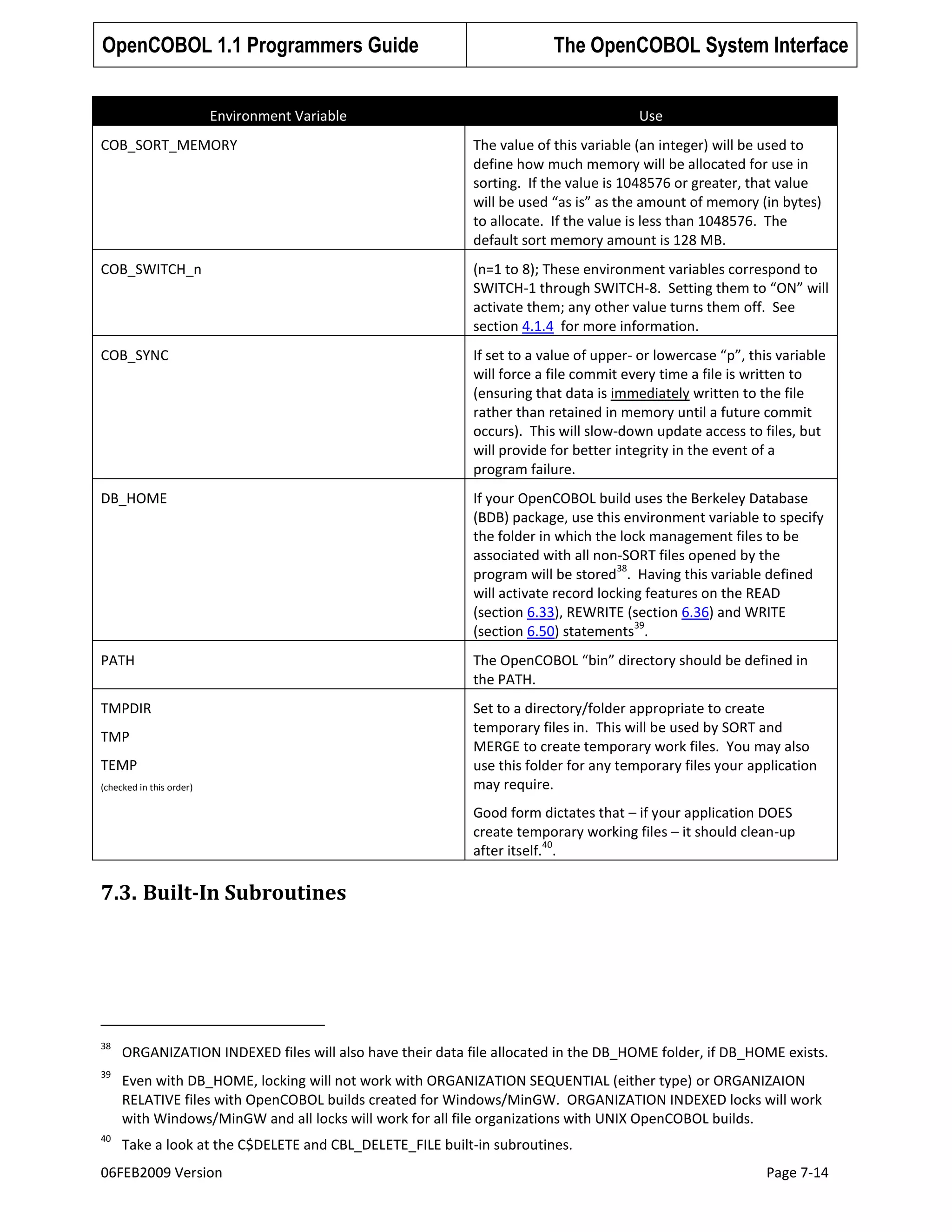 OpenCOBOL 1.1 Programmers Guide

The OpenCOBOL System Interface

Environment Variable

Use

COB_SORT_MEMORY

The value of this variable (an integer) will be used to
define how much memory will be allocated for use in
sorting. If the value is 1048576 or greater, that value
will be used “as is” as the amount of memory (in bytes)
to allocate. If the value is less than 1048576. The
default sort memory amount is 128 MB.

COB_SWITCH_n

(n=1 to 8); These environment variables correspond to
SWITCH-1 through SWITCH-8. Setting them to “ON” will
activate them; any other value turns them off. See
section 4.1.4 for more information.

COB_SYNC

If set to a value of upper- or lowercase “p”, this variable
will force a file commit every time a file is written to
(ensuring that data is immediately written to the file
rather than retained in memory until a future commit
occurs). This will slow-down update access to files, but
will provide for better integrity in the event of a
program failure.

DB_HOME

If your OpenCOBOL build uses the Berkeley Database
(BDB) package, use this environment variable to specify
the folder in which the lock management files to be
associated with all non-SORT files opened by the
38
program will be stored . Having this variable defined
will activate record locking features on the READ
(section 6.33), REWRITE (section 6.36) and WRITE
39
(section 6.50) statements .

PATH

The OpenCOBOL “bin” directory should be defined in
the PATH.

TMPDIR

Set to a directory/folder appropriate to create
temporary files in. This will be used by SORT and
MERGE to create temporary work files. You may also
use this folder for any temporary files your application
may require.

TMP
TEMP
(checked in this order)

Good form dictates that – if your application DOES
create temporary working files – it should clean-up
40
after itself. .

7.3. Built-In Subroutines

38

ORGANIZATION INDEXED files will also have their data file allocated in the DB_HOME folder, if DB_HOME exists.

39

Even with DB_HOME, locking will not work with ORGANIZATION SEQUENTIAL (either type) or ORGANIZAION
RELATIVE files with OpenCOBOL builds created for Windows/MinGW. ORGANIZATION INDEXED locks will work
with Windows/MinGW and all locks will work for all file organizations with UNIX OpenCOBOL builds.

40

Take a look at the C$DELETE and CBL_DELETE_FILE built-in subroutines.

06FEB2009 Version

Page 7-14

 