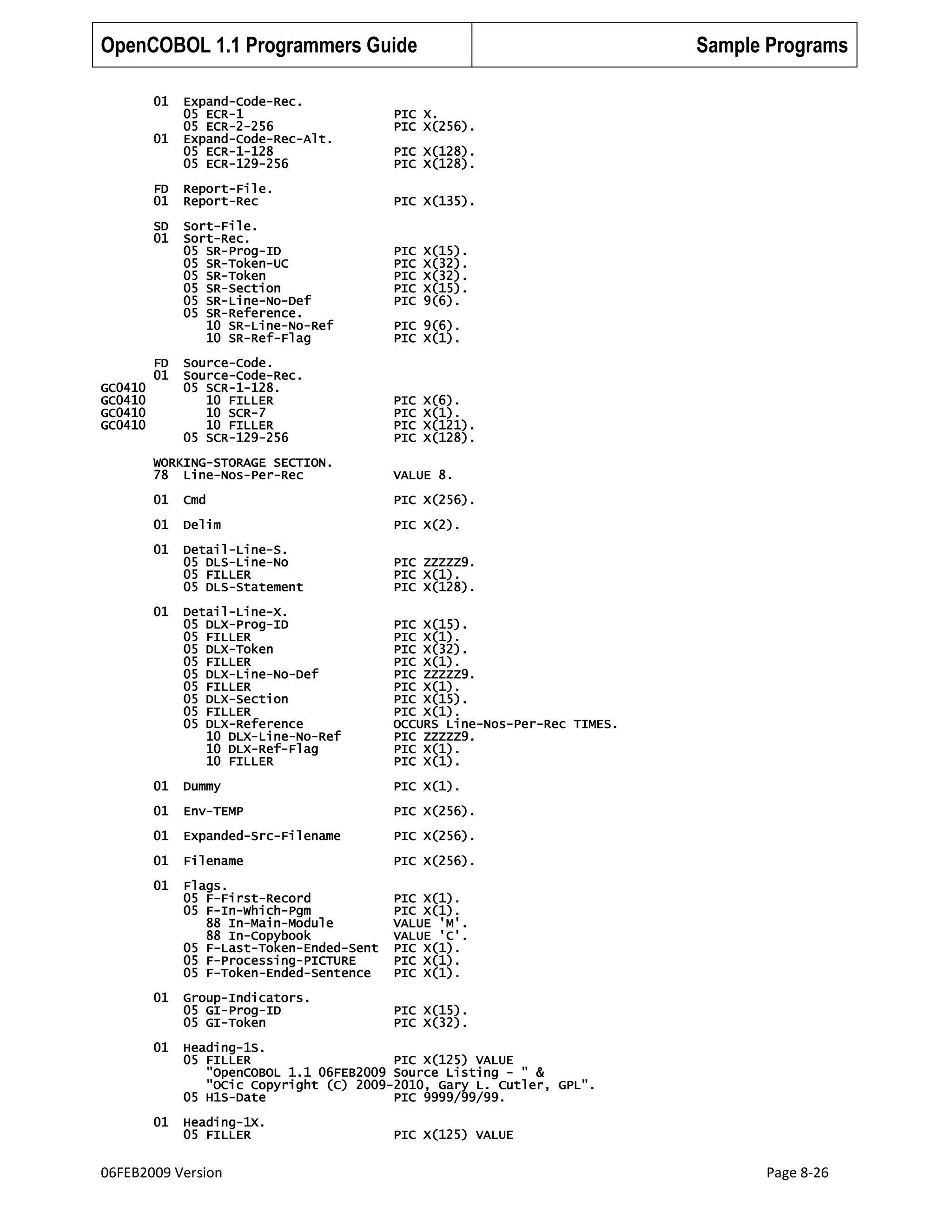OpenCOBOL 1.1 Programmers Guide
01
01

Expand-Code-Rec.
05 ECR-1
05 ECR-2-256
Expand-Code-Rec-Alt.
05 ECR-1-128
05 ECR-129-256

Sample Programs

PIC X.
PIC X(256).
PIC X(128).
PIC X(128).

FD
01

PIC X(135).

SD
01

GC0410
GC0410
GC0410
GC0410

Report-File.
Report-Rec
Sort-File.
Sort-Rec.
05 SR-Prog-ID
05 SR-Token-UC
05 SR-Token
05 SR-Section
05 SR-Line-No-Def
05 SR-Reference.
10 SR-Line-No-Ref
10 SR-Ref-Flag

PIC
PIC
PIC
PIC
PIC

FD
01

Source-Code.
Source-Code-Rec.
05 SCR-1-128.
10 FILLER
10 SCR-7
10 FILLER
05 SCR-129-256

X(15).
X(32).
X(32).
X(15).
9(6).

PIC 9(6).
PIC X(1).

PIC
PIC
PIC
PIC

X(6).
X(1).
X(121).
X(128).

WORKING-STORAGE SECTION.
78 Line-Nos-Per-Rec

VALUE 8.

01

Cmd

PIC X(256).

01

Delim

PIC X(2).

01

Detail-Line-S.
05 DLS-Line-No
05 FILLER
05 DLS-Statement

PIC ZZZZZ9.
PIC X(1).
PIC X(128).

Detail-Line-X.
05 DLX-Prog-ID
05 FILLER
05 DLX-Token
05 FILLER
05 DLX-Line-No-Def
05 FILLER
05 DLX-Section
05 FILLER
05 DLX-Reference
10 DLX-Line-No-Ref
10 DLX-Ref-Flag
10 FILLER

PIC X(15).
PIC X(1).
PIC X(32).
PIC X(1).
PIC ZZZZZ9.
PIC X(1).
PIC X(15).
PIC X(1).
OCCURS Line-Nos-Per-Rec TIMES.
PIC ZZZZZ9.
PIC X(1).
PIC X(1).

01

Dummy

PIC X(1).

01

Env-TEMP

PIC X(256).

01

Expanded-Src-Filename

PIC X(256).

01

Filename

PIC X(256).

01

Flags.
05 F-First-Record
05 F-In-Which-Pgm
88 In-Main-Module
88 In-Copybook
05 F-Last-Token-Ended-Sent
05 F-Processing-PICTURE
05 F-Token-Ended-Sentence

PIC X(1).
PIC X(1).
VALUE 'M'.
VALUE 'C'.
PIC X(1).
PIC X(1).
PIC X(1).

Group-Indicators.
05 GI-Prog-ID
05 GI-Token

PIC X(15).
PIC X(32).

01

01

01

Heading-1S.
05 FILLER
PIC X(125) VALUE
"OpenCOBOL 1.1 06FEB2009 Source Listing - " &
"OCic Copyright (C) 2009-2010, Gary L. Cutler, GPL".
05 H1S-Date
PIC 9999/99/99.

01

Heading-1X.
05 FILLER

06FEB2009 Version

PIC X(125) VALUE

Page 8-26

 