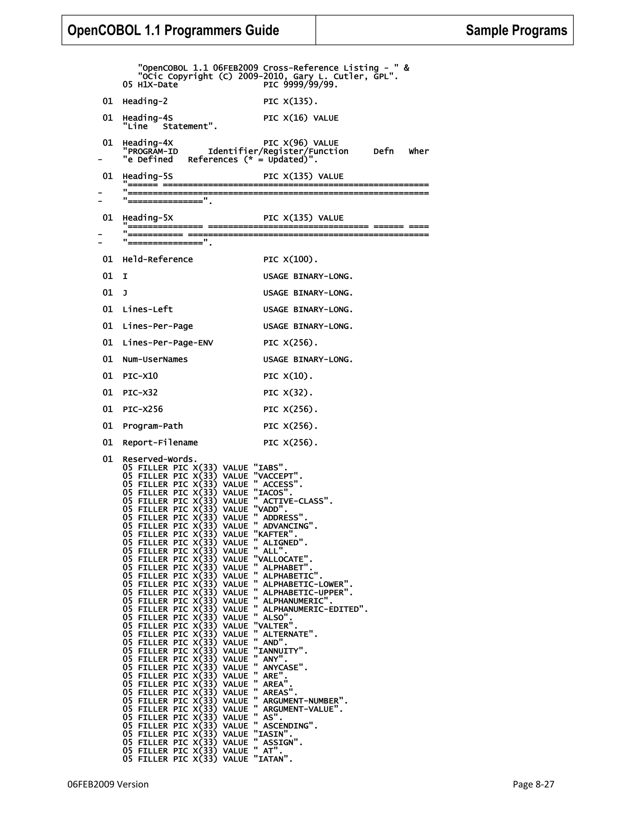 OpenCOBOL 1.1 Programmers Guide

Sample Programs

"OpenCOBOL 1.1 06FEB2009 Cross-Reference Listing - " &
"OCic Copyright (C) 2009-2010, Gary L. Cutler, GPL".
05 H1X-Date
PIC 9999/99/99.
01

Heading-2

PIC X(135).

01

Heading-4S
"Line
Statement".

PIC X(16) VALUE

01

Heading-4X
"PROGRAM-ID
"e Defined

-

PIC X(96) VALUE
Identifier/Register/Function
References (* = Updated)".

Defn

Wher

01

Heading-5S
PIC X(135) VALUE
"====== =====================================================
"============================================================
"===============".

01

Heading-5X
PIC X(135) VALUE
"=============== ================================ ====== ====
"=========== ================================================
"===============".

01

Held-Reference

PIC X(100).

01

I

USAGE BINARY-LONG.

01

J

USAGE BINARY-LONG.

01

Lines-Left

USAGE BINARY-LONG.

01

Lines-Per-Page

USAGE BINARY-LONG.

01

Lines-Per-Page-ENV

PIC X(256).

01

Num-UserNames

USAGE BINARY-LONG.

01

PIC-X10

PIC X(10).

01

PIC-X32

PIC X(32).

01

PIC-X256

PIC X(256).

01

Program-Path

PIC X(256).

01

Report-Filename

PIC X(256).

01

Reserved-Words.
05 FILLER PIC X(33)
05 FILLER PIC X(33)
05 FILLER PIC X(33)
05 FILLER PIC X(33)
05 FILLER PIC X(33)
05 FILLER PIC X(33)
05 FILLER PIC X(33)
05 FILLER PIC X(33)
05 FILLER PIC X(33)
05 FILLER PIC X(33)
05 FILLER PIC X(33)
05 FILLER PIC X(33)
05 FILLER PIC X(33)
05 FILLER PIC X(33)
05 FILLER PIC X(33)
05 FILLER PIC X(33)
05 FILLER PIC X(33)
05 FILLER PIC X(33)
05 FILLER PIC X(33)
05 FILLER PIC X(33)
05 FILLER PIC X(33)
05 FILLER PIC X(33)
05 FILLER PIC X(33)
05 FILLER PIC X(33)
05 FILLER PIC X(33)
05 FILLER PIC X(33)
05 FILLER PIC X(33)
05 FILLER PIC X(33)
05 FILLER PIC X(33)
05 FILLER PIC X(33)
05 FILLER PIC X(33)
05 FILLER PIC X(33)
05 FILLER PIC X(33)
05 FILLER PIC X(33)
05 FILLER PIC X(33)
05 FILLER PIC X(33)

-

-

06FEB2009 Version

VALUE
VALUE
VALUE
VALUE
VALUE
VALUE
VALUE
VALUE
VALUE
VALUE
VALUE
VALUE
VALUE
VALUE
VALUE
VALUE
VALUE
VALUE
VALUE
VALUE
VALUE
VALUE
VALUE
VALUE
VALUE
VALUE
VALUE
VALUE
VALUE
VALUE
VALUE
VALUE
VALUE
VALUE
VALUE
VALUE

"IABS".
"VACCEPT".
" ACCESS".
"IACOS".
" ACTIVE-CLASS".
"VADD".
" ADDRESS".
" ADVANCING".
"KAFTER".
" ALIGNED".
" ALL".
"VALLOCATE".
" ALPHABET".
" ALPHABETIC".
" ALPHABETIC-LOWER".
" ALPHABETIC-UPPER".
" ALPHANUMERIC".
" ALPHANUMERIC-EDITED".
" ALSO".
"VALTER".
" ALTERNATE".
" AND".
"IANNUITY".
" ANY".
" ANYCASE".
" ARE".
" AREA".
" AREAS".
" ARGUMENT-NUMBER".
" ARGUMENT-VALUE".
" AS".
" ASCENDING".
"IASIN".
" ASSIGN".
" AT".
"IATAN".

Page 8-27

 