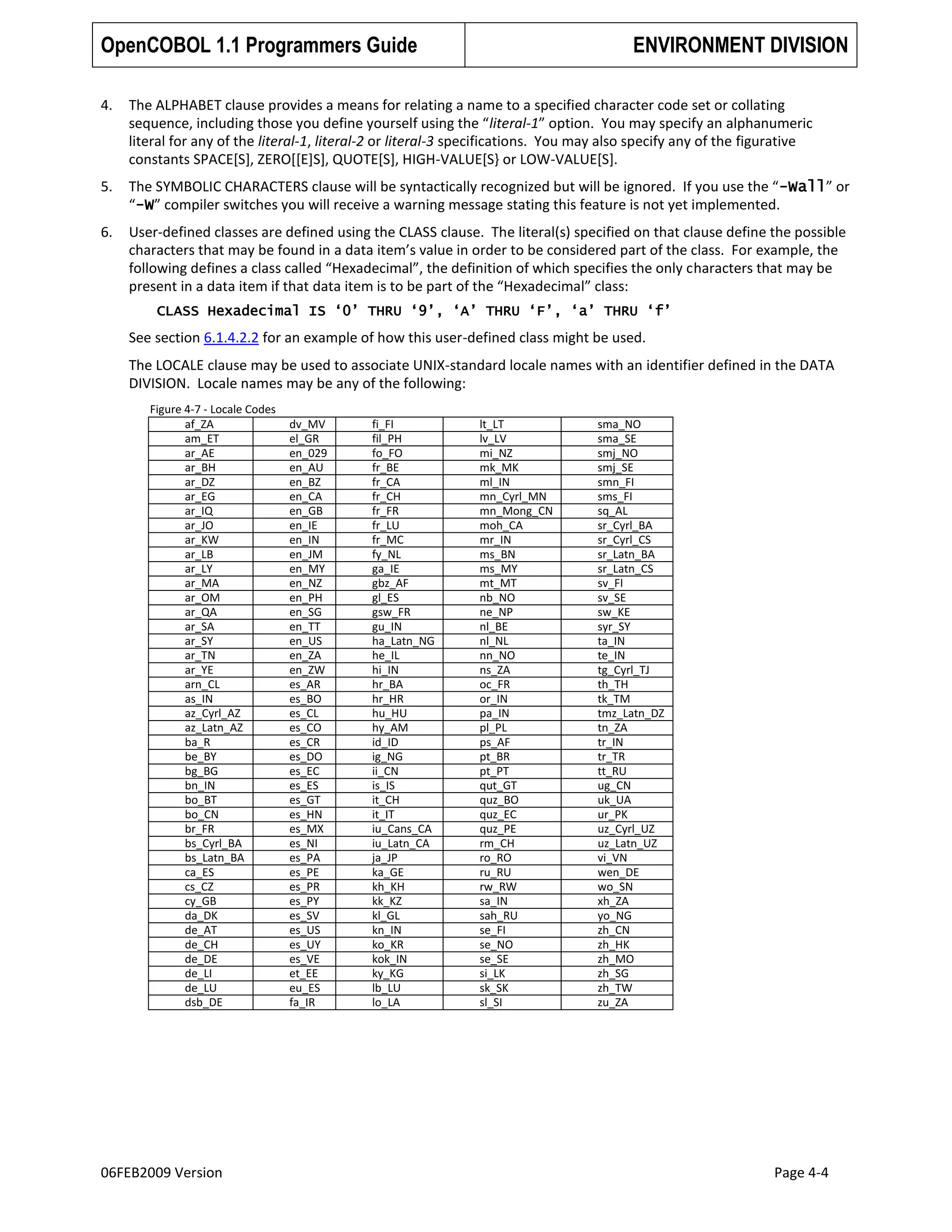 OpenCOBOL 1.1 Programmers Guide

ENVIRONMENT DIVISION

4.

The ALPHABET clause provides a means for relating a name to a specified character code set or collating
sequence, including those you define yourself using the “literal-1” option. You may specify an alphanumeric
literal for any of the literal-1, literal-2 or literal-3 specifications. You may also specify any of the figurative
constants SPACE[S], ZERO[[E]S], QUOTE[S], HIGH-VALUE[S} or LOW-VALUE[S].

5.

The SYMBOLIC CHARACTERS clause will be syntactically recognized but will be ignored. If you use the “-Wall” or
“-W” compiler switches you will receive a warning message stating this feature is not yet implemented.

6.

User-defined classes are defined using the CLASS clause. The literal(s) specified on that clause define the possible
characters that may be found in a data item’s value in order to be considered part of the class. For example, the
following defines a class called “Hexadecimal”, the definition of which specifies the only characters that may be
present in a data item if that data item is to be part of the “Hexadecimal” class:
CLASS Hexadecimal IS „0‟ THRU „9‟, „A‟ THRU „F‟, „a‟ THRU „f‟

See section 6.1.4.2.2 for an example of how this user-defined class might be used.
The LOCALE clause may be used to associate UNIX-standard locale names with an identifier defined in the DATA
DIVISION. Locale names may be any of the following:
Figure 4-7 - Locale Codes
af_ZA
am_ET
ar_AE
ar_BH
ar_DZ
ar_EG
ar_IQ
ar_JO
ar_KW
ar_LB
ar_LY
ar_MA
ar_OM
ar_QA
ar_SA
ar_SY
ar_TN
ar_YE
arn_CL
as_IN
az_Cyrl_AZ
az_Latn_AZ
ba_R
be_BY
bg_BG
bn_IN
bo_BT
bo_CN
br_FR
bs_Cyrl_BA
bs_Latn_BA
ca_ES
cs_CZ
cy_GB
da_DK
de_AT
de_CH
de_DE
de_LI
de_LU
dsb_DE

06FEB2009 Version

dv_MV
el_GR
en_029
en_AU
en_BZ
en_CA
en_GB
en_IE
en_IN
en_JM
en_MY
en_NZ
en_PH
en_SG
en_TT
en_US
en_ZA
en_ZW
es_AR
es_BO
es_CL
es_CO
es_CR
es_DO
es_EC
es_ES
es_GT
es_HN
es_MX
es_NI
es_PA
es_PE
es_PR
es_PY
es_SV
es_US
es_UY
es_VE
et_EE
eu_ES
fa_IR

fi_FI
fil_PH
fo_FO
fr_BE
fr_CA
fr_CH
fr_FR
fr_LU
fr_MC
fy_NL
ga_IE
gbz_AF
gl_ES
gsw_FR
gu_IN
ha_Latn_NG
he_IL
hi_IN
hr_BA
hr_HR
hu_HU
hy_AM
id_ID
ig_NG
ii_CN
is_IS
it_CH
it_IT
iu_Cans_CA
iu_Latn_CA
ja_JP
ka_GE
kh_KH
kk_KZ
kl_GL
kn_IN
ko_KR
kok_IN
ky_KG
lb_LU
lo_LA

lt_LT
lv_LV
mi_NZ
mk_MK
ml_IN
mn_Cyrl_MN
mn_Mong_CN
moh_CA
mr_IN
ms_BN
ms_MY
mt_MT
nb_NO
ne_NP
nl_BE
nl_NL
nn_NO
ns_ZA
oc_FR
or_IN
pa_IN
pl_PL
ps_AF
pt_BR
pt_PT
qut_GT
quz_BO
quz_EC
quz_PE
rm_CH
ro_RO
ru_RU
rw_RW
sa_IN
sah_RU
se_FI
se_NO
se_SE
si_LK
sk_SK
sl_SI

sma_NO
sma_SE
smj_NO
smj_SE
smn_FI
sms_FI
sq_AL
sr_Cyrl_BA
sr_Cyrl_CS
sr_Latn_BA
sr_Latn_CS
sv_FI
sv_SE
sw_KE
syr_SY
ta_IN
te_IN
tg_Cyrl_TJ
th_TH
tk_TM
tmz_Latn_DZ
tn_ZA
tr_IN
tr_TR
tt_RU
ug_CN
uk_UA
ur_PK
uz_Cyrl_UZ
uz_Latn_UZ
vi_VN
wen_DE
wo_SN
xh_ZA
yo_NG
zh_CN
zh_HK
zh_MO
zh_SG
zh_TW
zu_ZA

Page 4-4

 