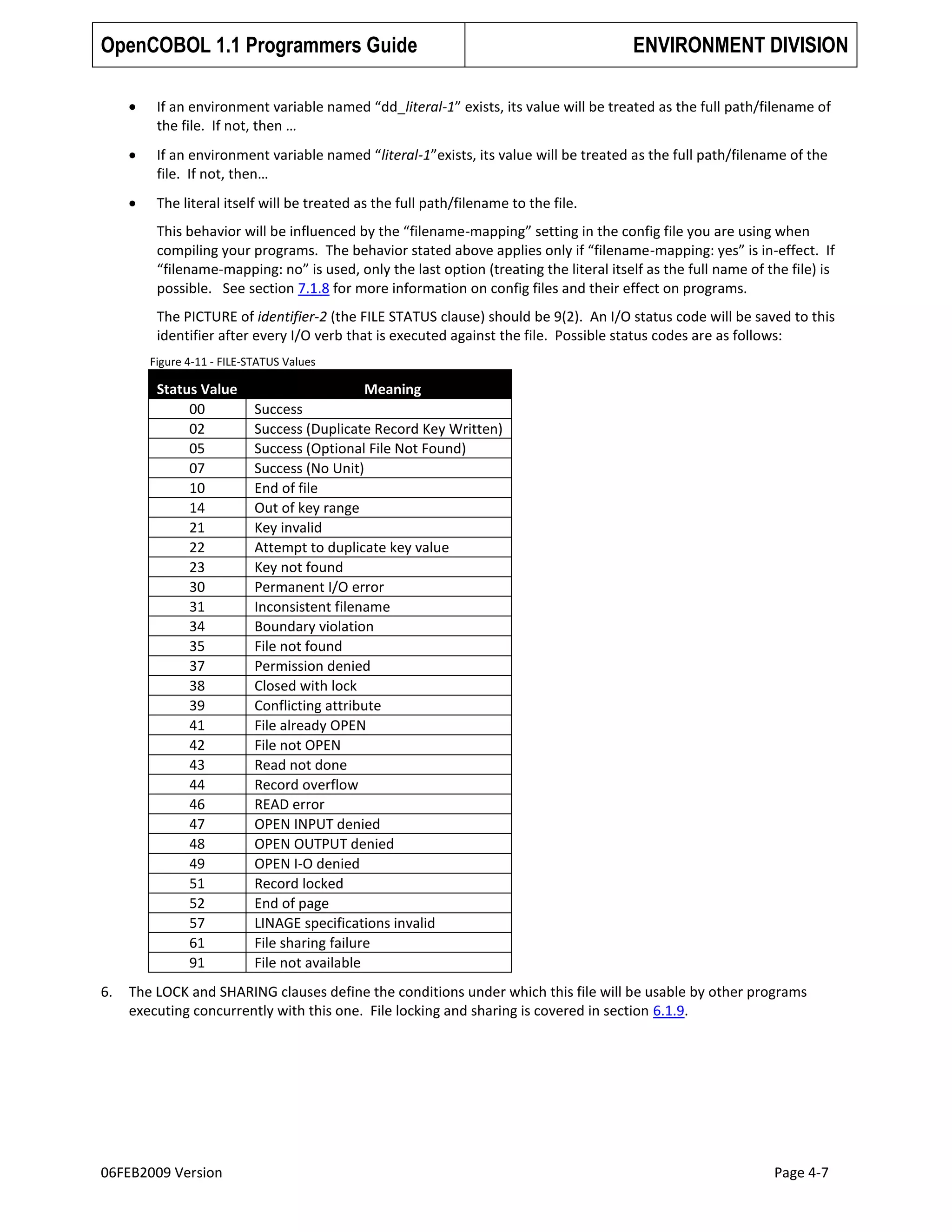 OpenCOBOL 1.1 Programmers Guide

ENVIRONMENT DIVISION

If an environment variable named “dd_literal-1” exists, its value will be treated as the full path/filename of
the file. If not, then …
If an environment variable named “literal-1”exists, its value will be treated as the full path/filename of the
file. If not, then…
The literal itself will be treated as the full path/filename to the file.
This behavior will be influenced by the “filename-mapping” setting in the config file you are using when
compiling your programs. The behavior stated above applies only if “filename-mapping: yes” is in-effect. If
“filename-mapping: no” is used, only the last option (treating the literal itself as the full name of the file) is
possible. See section 7.1.8 for more information on config files and their effect on programs.
The PICTURE of identifier-2 (the FILE STATUS clause) should be 9(2). An I/O status code will be saved to this
identifier after every I/O verb that is executed against the file. Possible status codes are as follows:
Figure 4-11 - FILE-STATUS Values

Status Value
00
02
05
07
10
14
21
22
23
30
31
34
35
37
38
39
41
42
43
44
46
47
48
49
51
52
57
61
91
6.

Meaning
Success
Success (Duplicate Record Key Written)
Success (Optional File Not Found)
Success (No Unit)
End of file
Out of key range
Key invalid
Attempt to duplicate key value
Key not found
Permanent I/O error
Inconsistent filename
Boundary violation
File not found
Permission denied
Closed with lock
Conflicting attribute
File already OPEN
File not OPEN
Read not done
Record overflow
READ error
OPEN INPUT denied
OPEN OUTPUT denied
OPEN I-O denied
Record locked
End of page
LINAGE specifications invalid
File sharing failure
File not available

The LOCK and SHARING clauses define the conditions under which this file will be usable by other programs
executing concurrently with this one. File locking and sharing is covered in section 6.1.9.

06FEB2009 Version

Page 4-7

 