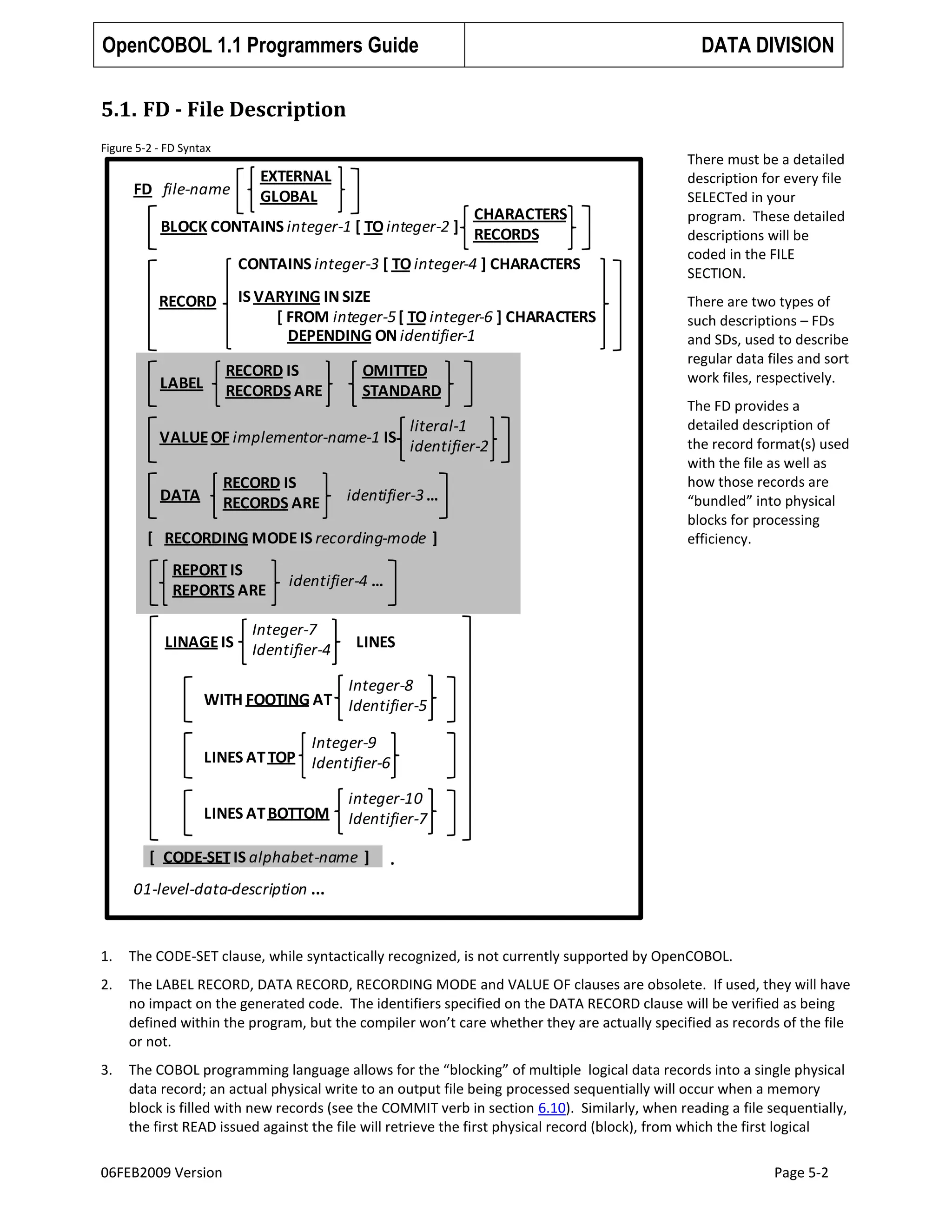 OpenCOBOL 1.1 Programmers Guide

DATA DIVISION

5.1. FD - File Description
Figure 5-2 - FD Syntax

FD file-name

EXTERNAL
GLOBAL

CHARACTERS
BLOCK CONTAINS integer-1 [ TO integer-2 ] RECORDS
CONTAINS integer-3 [ TO integer-4 ] CHARACTERS
IS VARYING IN SIZE
[ FROM integer-5 [ TO integer-6 ] CHARACTERS
DEPENDING ON identifier-1

RECORD

RECORD IS
RECORDS ARE

LABEL

OMITTED
STANDARD

literal-1
VALUE OF implementor-name-1 IS
identifier-2
RECORD IS
RECORDS ARE

DATA

identifier-3 …

[ RECORDING MODE IS recording-mode ]
REPORT IS
REPORTS ARE
LINAGE IS

There must be a detailed
description for every file
SELECTed in your
program. These detailed
descriptions will be
coded in the FILE
SECTION.
There are two types of
such descriptions – FDs
and SDs, used to describe
regular data files and sort
work files, respectively.
The FD provides a
detailed description of
the record format(s) used
with the file as well as
how those records are
“bundled” into physical
blocks for processing
efficiency.

identifier-4 …

Integer-7
Identifier-4

LINES

Integer-8
WITH FOOTING AT Identifier-5
Integer-9
LINES AT TOP Identifier-6
LINES AT BOTTOM

integer-10
Identifier-7

[ CODE-SET IS alphabet-name ]

.

01-level-data-description ...

1.

The CODE-SET clause, while syntactically recognized, is not currently supported by OpenCOBOL.

2.

The LABEL RECORD, DATA RECORD, RECORDING MODE and VALUE OF clauses are obsolete. If used, they will have
no impact on the generated code. The identifiers specified on the DATA RECORD clause will be verified as being
defined within the program, but the compiler won’t care whether they are actually specified as records of the file
or not.

3.

The COBOL programming language allows for the “blocking” of multiple logical data records into a single physical
data record; an actual physical write to an output file being processed sequentially will occur when a memory
block is filled with new records (see the COMMIT verb in section 6.10). Similarly, when reading a file sequentially,
the first READ issued against the file will retrieve the first physical record (block), from which the first logical

06FEB2009 Version

Page 5-2

 