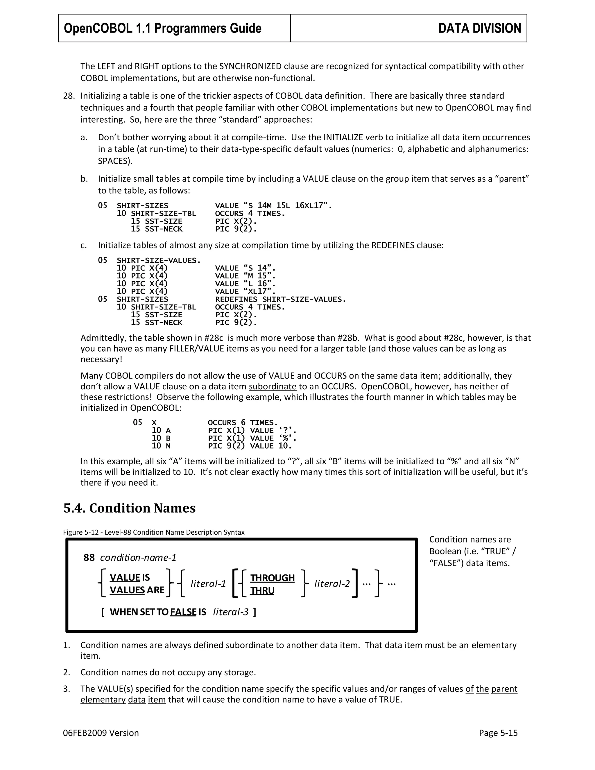 OpenCOBOL 1.1 Programmers Guide

DATA DIVISION

The LEFT and RIGHT options to the SYNCHRONIZED clause are recognized for syntactical compatibility with other
COBOL implementations, but are otherwise non-functional.
28. Initializing a table is one of the trickier aspects of COBOL data definition. There are basically three standard
techniques and a fourth that people familiar with other COBOL implementations but new to OpenCOBOL may find
interesting. So, here are the three “standard” approaches:
a.

Don’t bother worrying about it at compile-time. Use the INITIALIZE verb to initialize all data item occurrences
in a table (at run-time) to their data-type-specific default values (numerics: 0, alphabetic and alphanumerics:
SPACES).

b.

Initialize small tables at compile time by including a VALUE clause on the group item that serves as a “parent”
to the table, as follows:
05

c.

SHIRT-SIZES
10 SHIRT-SIZE-TBL
15 SST-SIZE
15 SST-NECK

VALUE “S 14M 15L 16XL17”.
OCCURS 4 TIMES.
PIC X(2).
PIC 9(2).

Initialize tables of almost any size at compilation time by utilizing the REDEFINES clause:
05

05

SHIRT-SIZE-VALUES.
10 PIC X(4)
10 PIC X(4)
10 PIC X(4)
10 PIC X(4)
SHIRT-SIZES
10 SHIRT-SIZE-TBL
15 SST-SIZE
15 SST-NECK

VALUE “S 14”.
VALUE “M 15”.
VALUE “L 16”.
VALUE “XL17”.
REDEFINES SHIRT-SIZE-VALUES.
OCCURS 4 TIMES.
PIC X(2).
PIC 9(2).

Admittedly, the table shown in #28c is much more verbose than #28b. What is good about #28c, however, is that
you can have as many FILLER/VALUE items as you need for a larger table (and those values can be as long as
necessary!
Many COBOL compilers do not allow the use of VALUE and OCCURS on the same data item; additionally, they
don’t allow a VALUE clause on a data item subordinate to an OCCURS. OpenCOBOL, however, has neither of
these restrictions! Observe the following example, which illustrates the fourth manner in which tables may be
initialized in OpenCOBOL:
05

X
10 A
10 B
10 N

OCCURS 6
PIC X(1)
PIC X(1)
PIC 9(2)

TIMES.
VALUE „?‟.
VALUE „%‟.
VALUE 10.

In this example, all six “A” items will be initialized to “?”, all six “B” items will be initialized to “%” and all six “N”
items will be initialized to 10. It’s not clear exactly how many times this sort of initialization will be useful, but it’s
there if you need it.

5.4. Condition Names
Figure 5-12 - Level-88 Condition Name Description Syntax

Condition names are
Boolean (i.e. “TRUE” /
“FALSE”) data items.

88 condition-name-1

VALUE IS
VALUES ARE

literal-1

THROUGH
THRU

literal-2

...

...

[ WHEN SET TO FALSE IS literal-3 ]
1.

Condition names are always defined subordinate to another data item. That data item must be an elementary
item.

2.

Condition names do not occupy any storage.

3.

The VALUE(s) specified for the condition name specify the specific values and/or ranges of values of the parent
elementary data item that will cause the condition name to have a value of TRUE.

06FEB2009 Version

Page 5-15

 